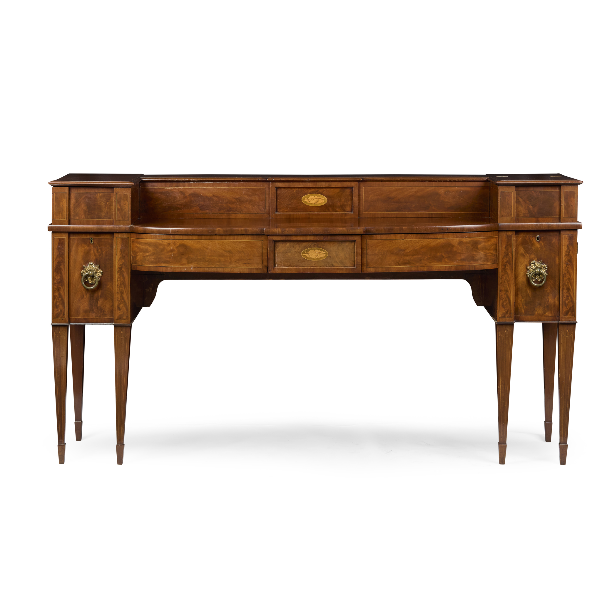 LATE GEORGE III BOWFRONT STAGEBACK SIDEBOARD