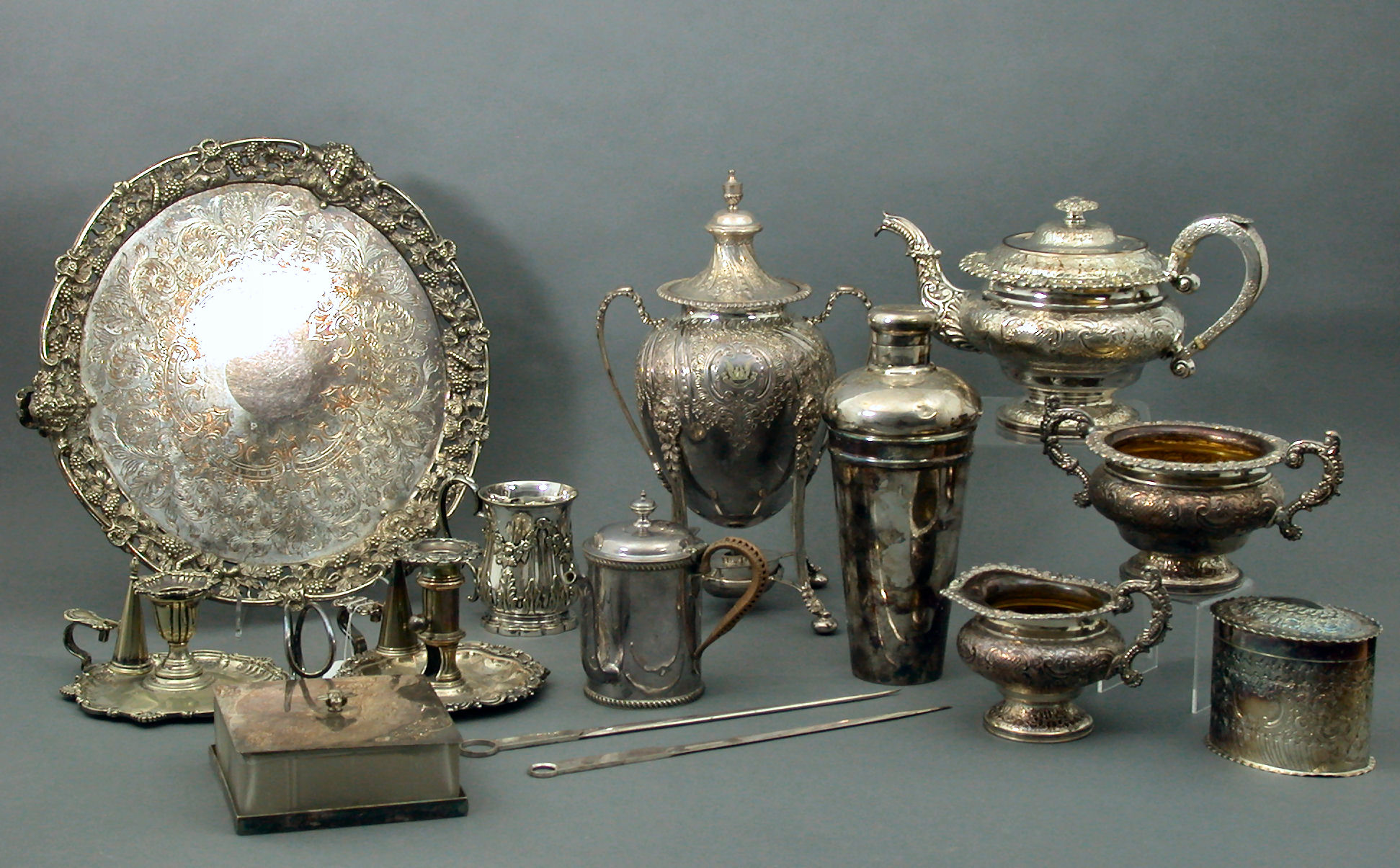A large collection of electroplated items,