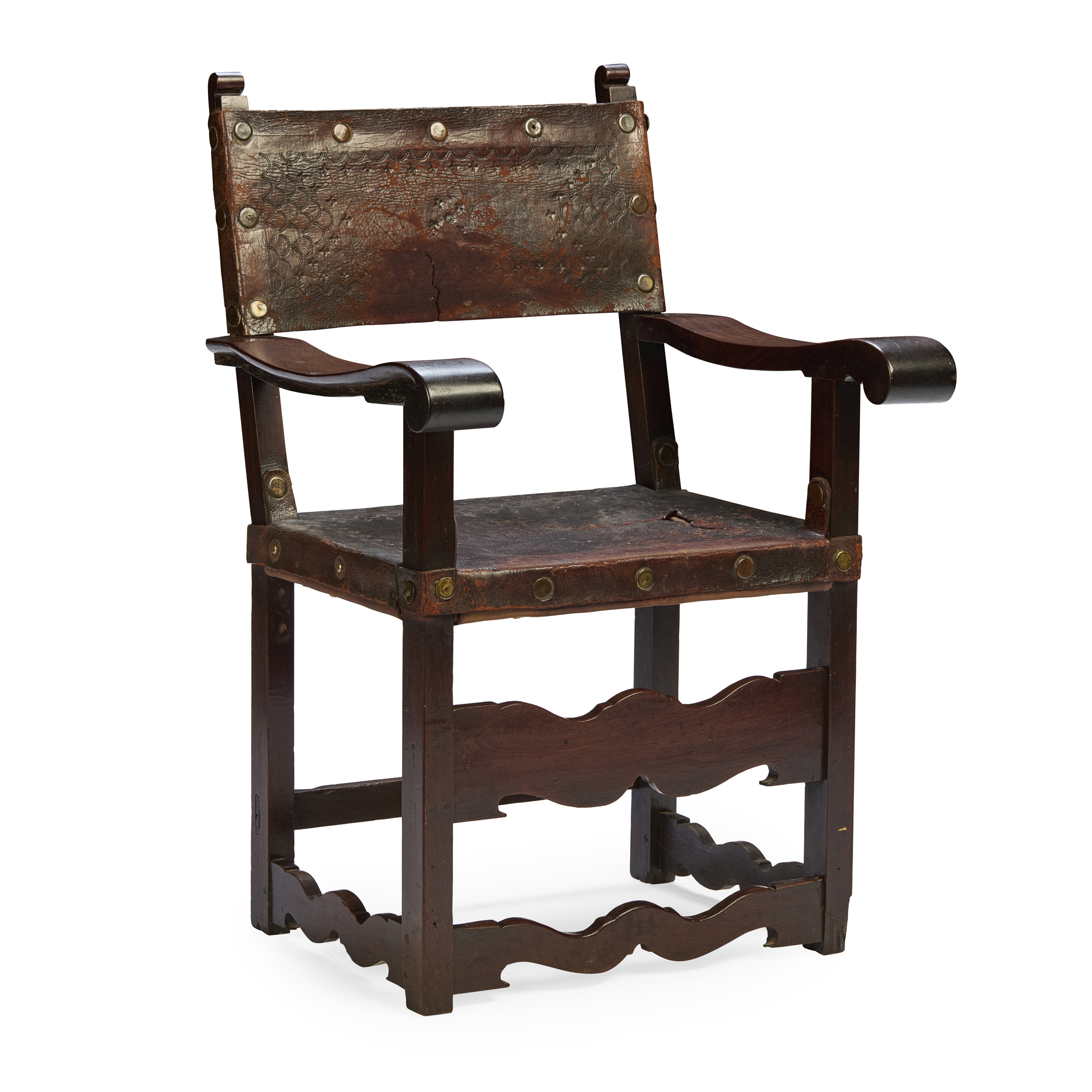 SPANISH WALNUT AND LEATHER ARMCHAIR