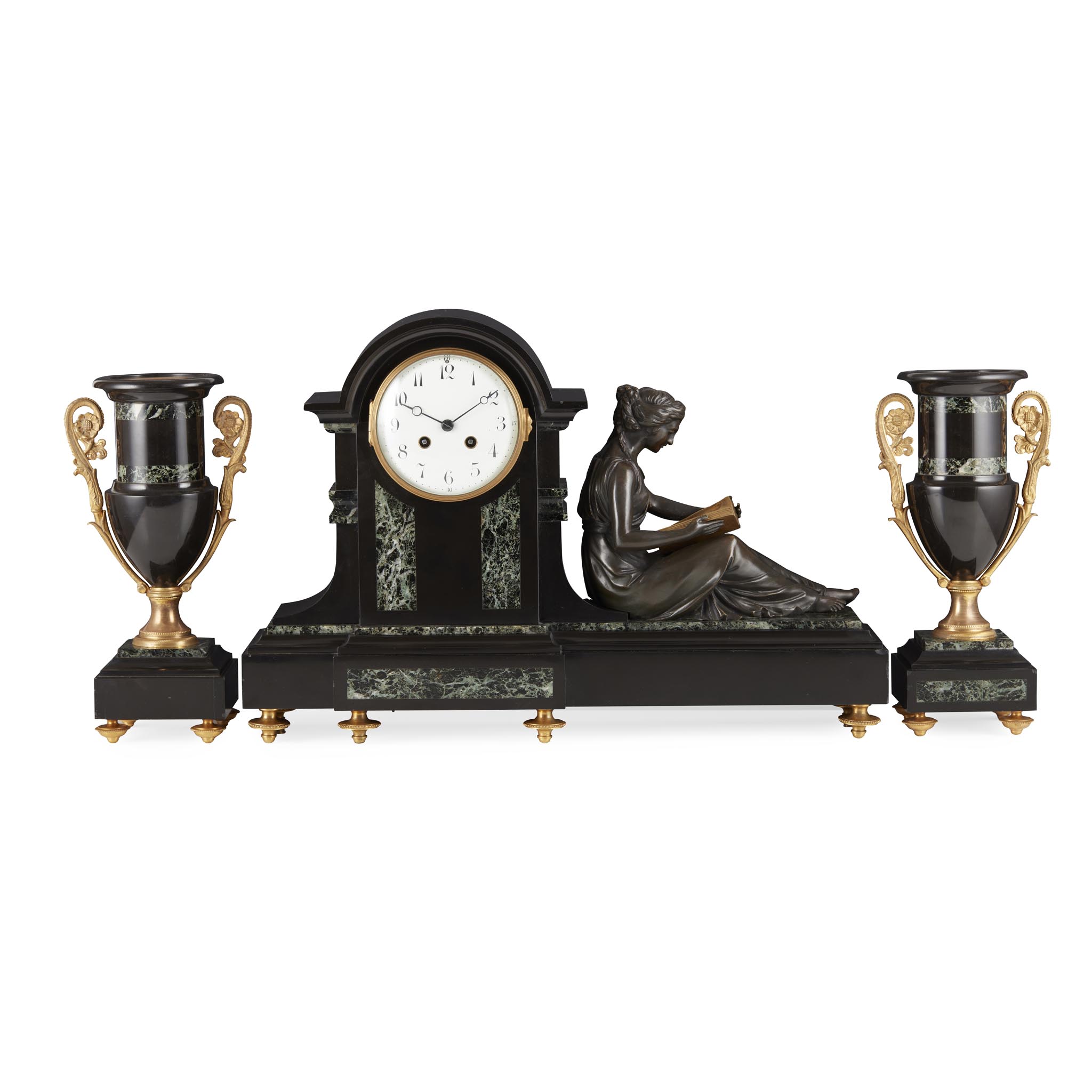 FRENCH GILT AND PATINATED BRONZE, SLATE, AND GREEN MARBLE FIGURAL CLOCK GARNITURE, JAPY FRÈRES