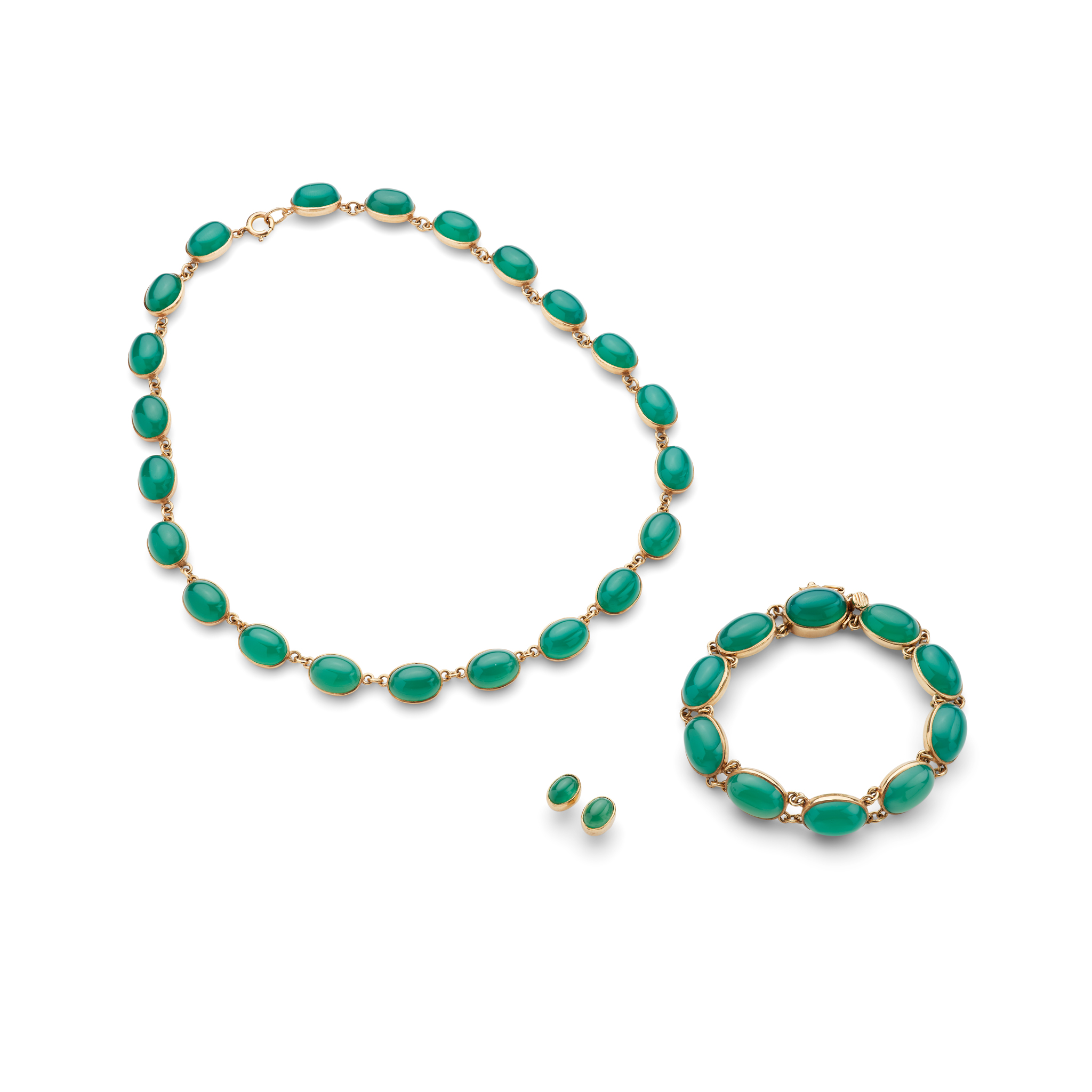 A part suite of 9ct gold green chalcedony jewellery