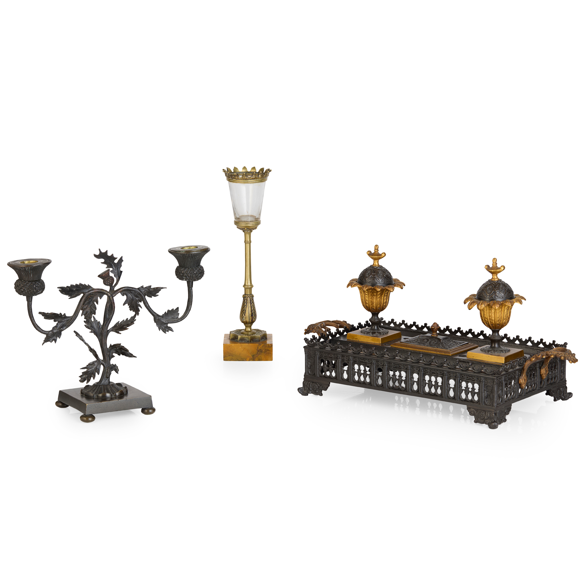 GOTHIC REVIVAL GILT AND PATINATED METAL INKSTAND