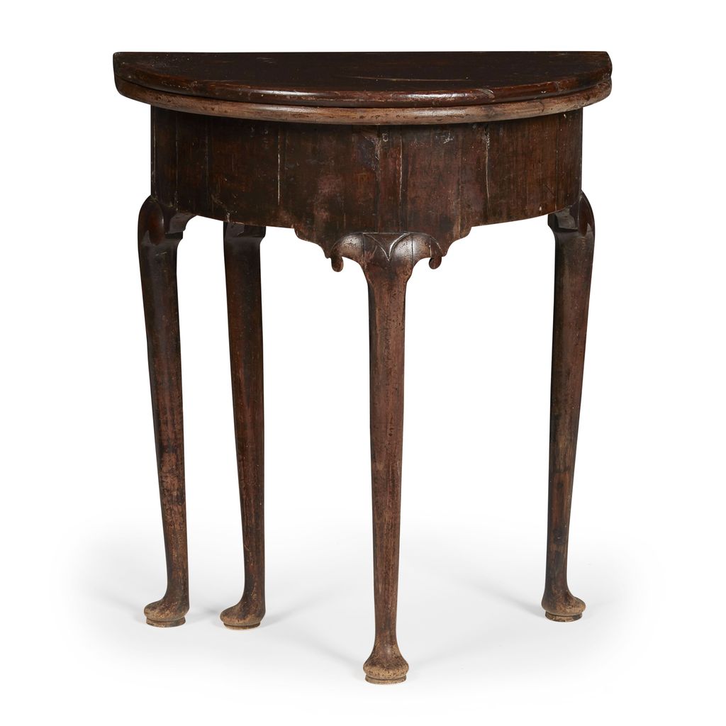 SMALL GEORGE II FOLDOVER MAHOGANY DEMILUNE TABLE