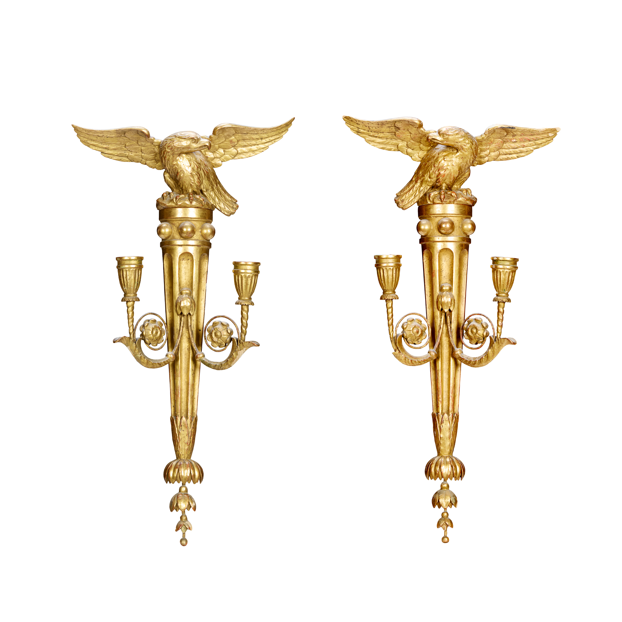 A PAIR OF NEOCLASSICAL GILTWOOD WALL LIGHTS