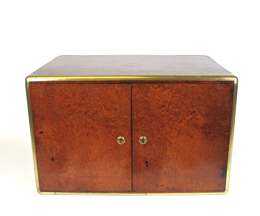 FINE VICTORIAN BURR WALNUT AND BRASS BOUND HUMIDOR