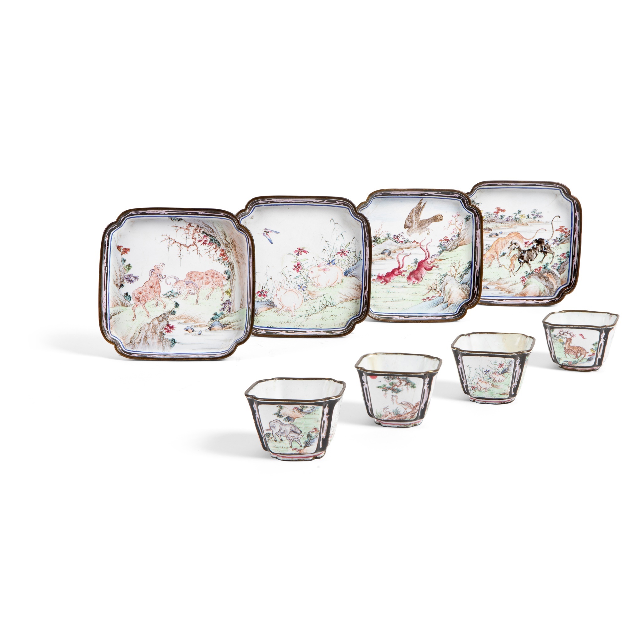 FOUR SETS OF CANTON ENAMEL SQUARE TEA CUPS AND SAUCERS