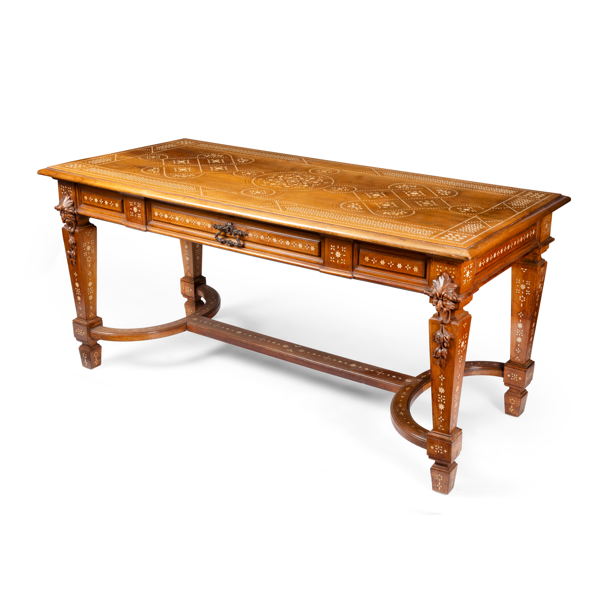 A WALNUT AND BONE INLAID CENTRE TABLE