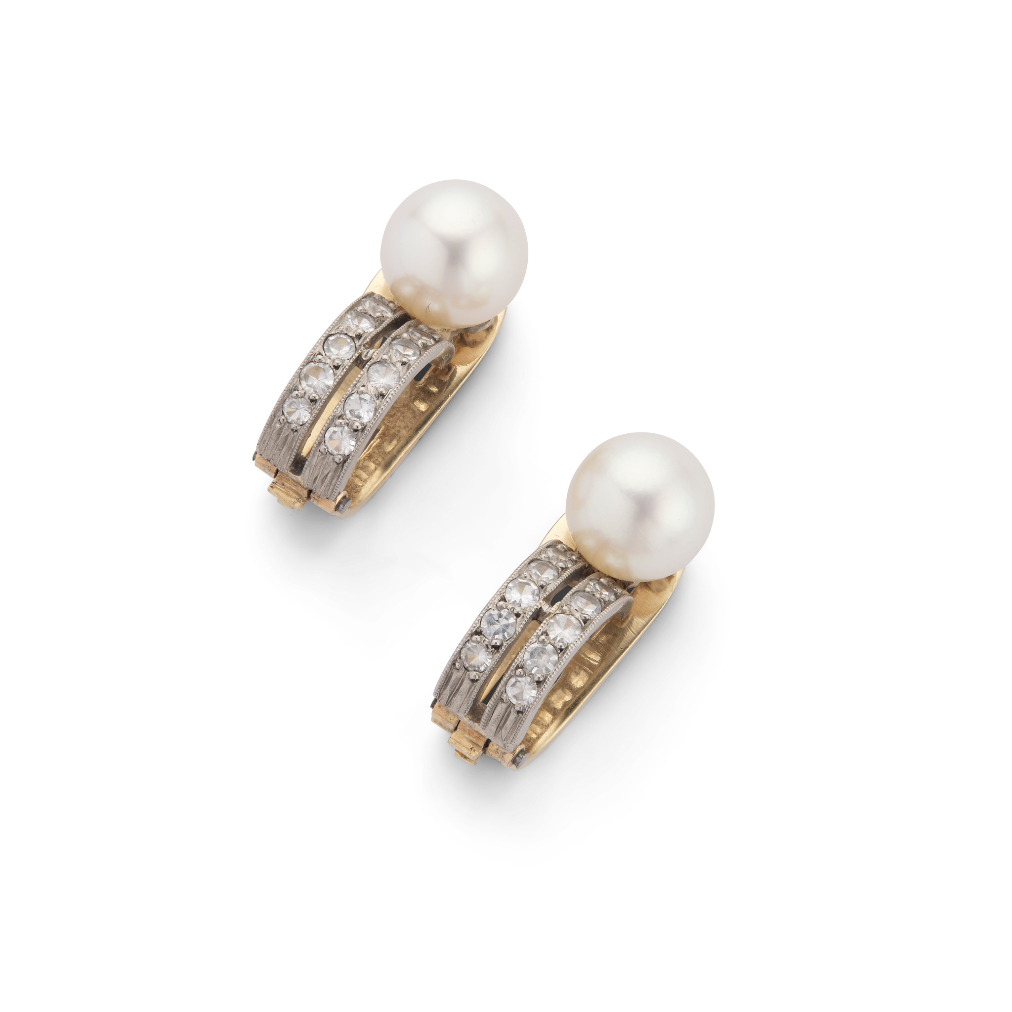 A pair of cultured pearl and diamond earrings