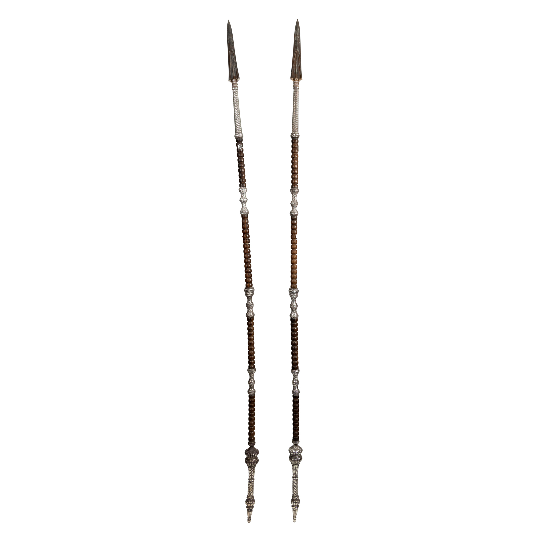 AN IMPRESSIVE PAIR OF SILVER-MOUNTED WOOD GUARDS' CEREMONIAL SPEARS