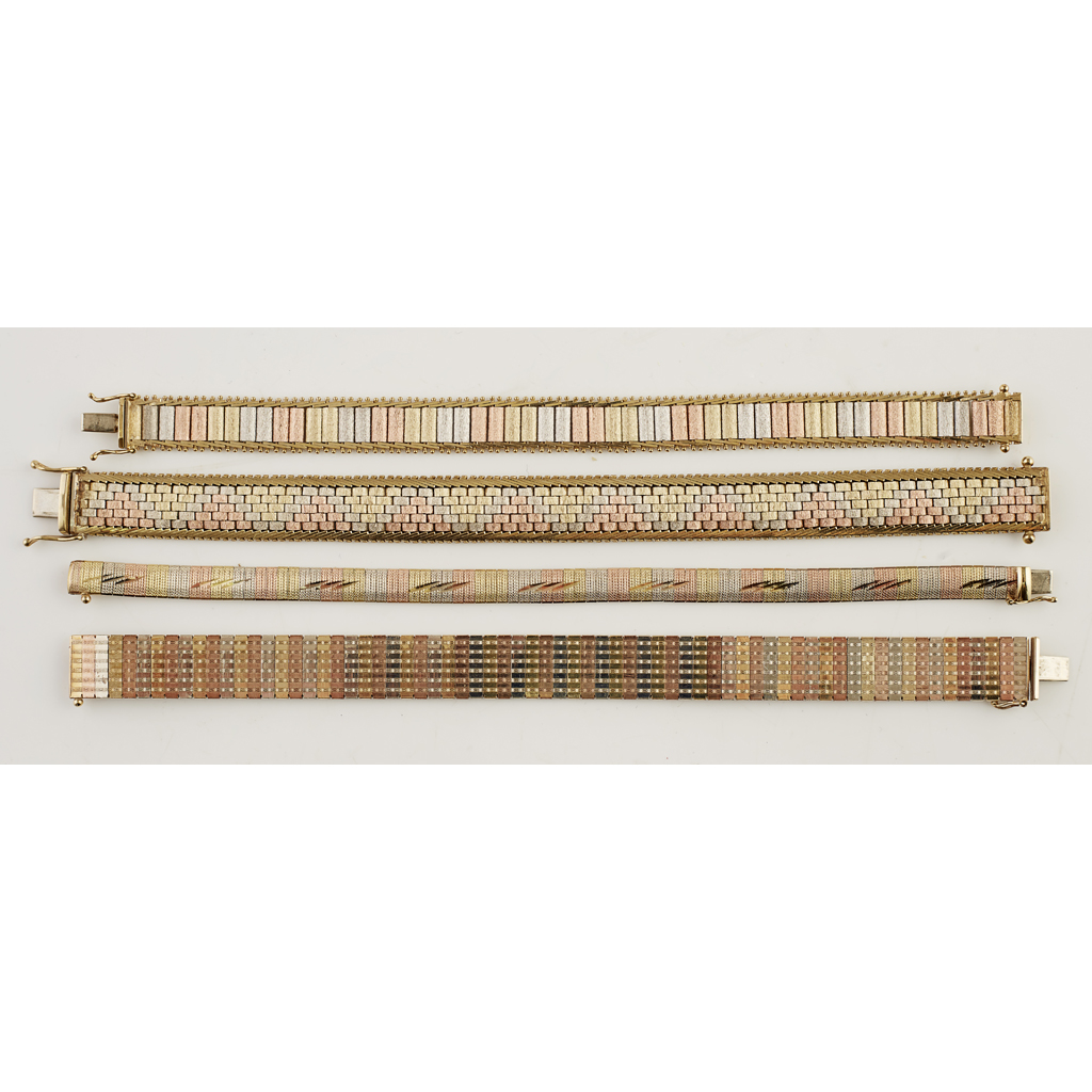 A collection of 1970s 9ct gold bracelets