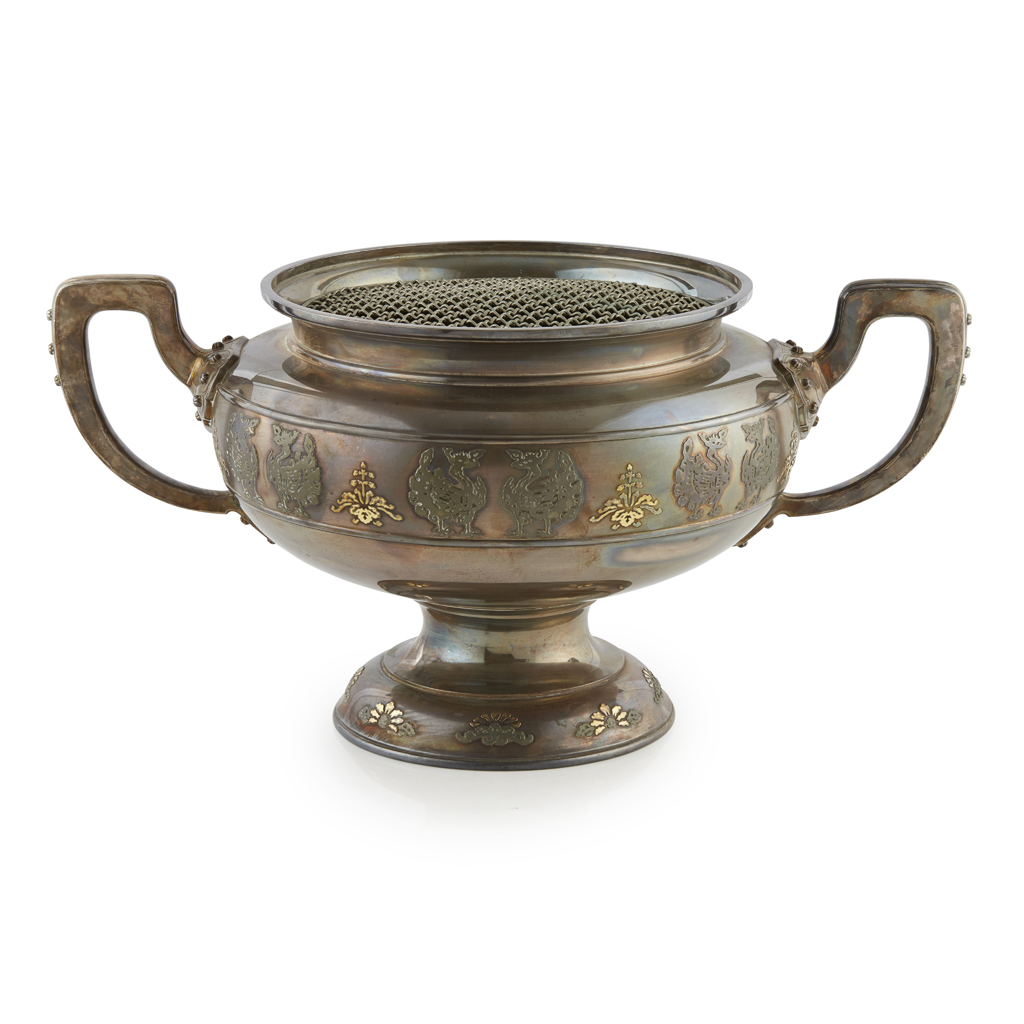 LARGE SILVER TWIN-HANDLED WARMING BOWL