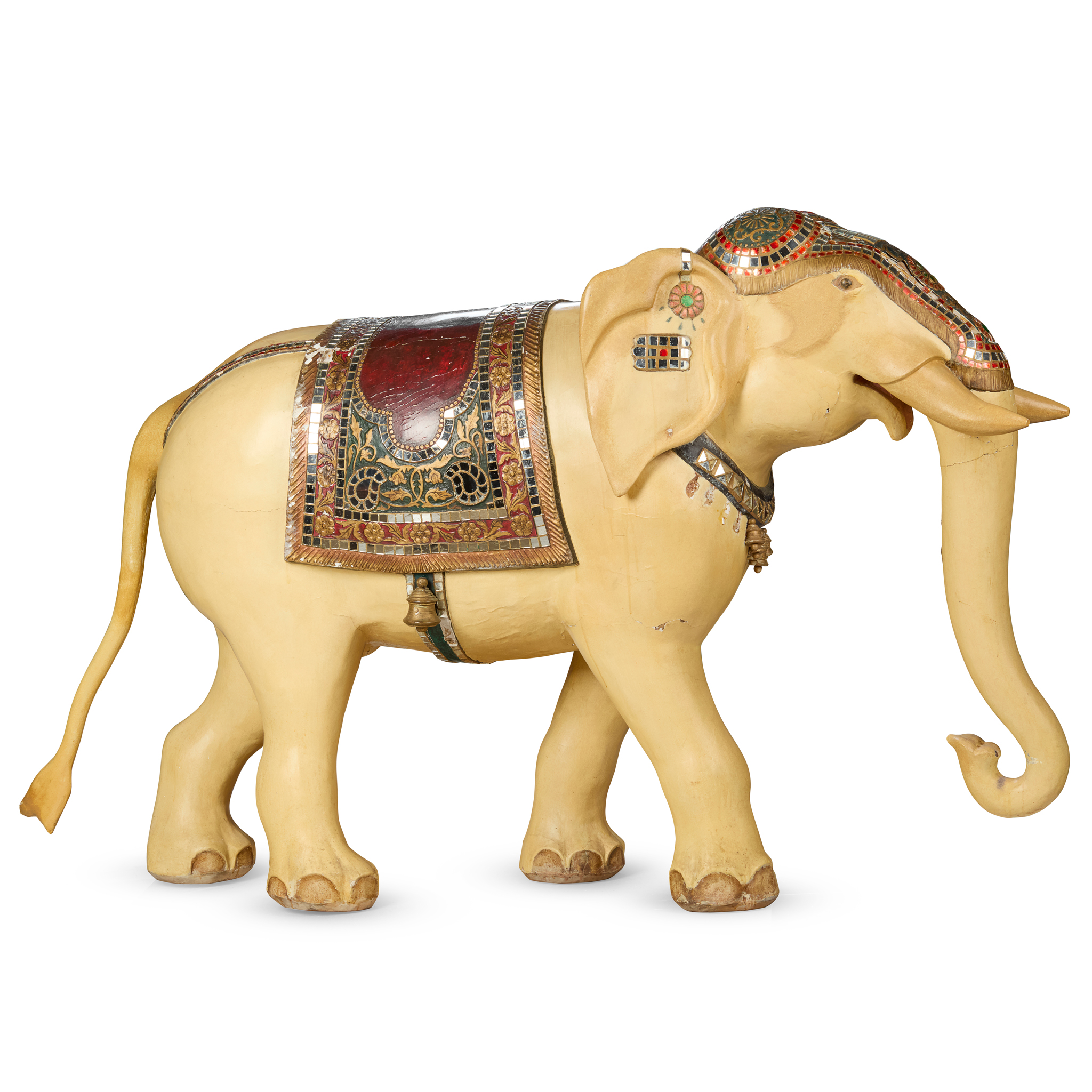 LARGE INDIAN CARVED AND POLYCHROME DECORATED ASIAN ELEPHANT