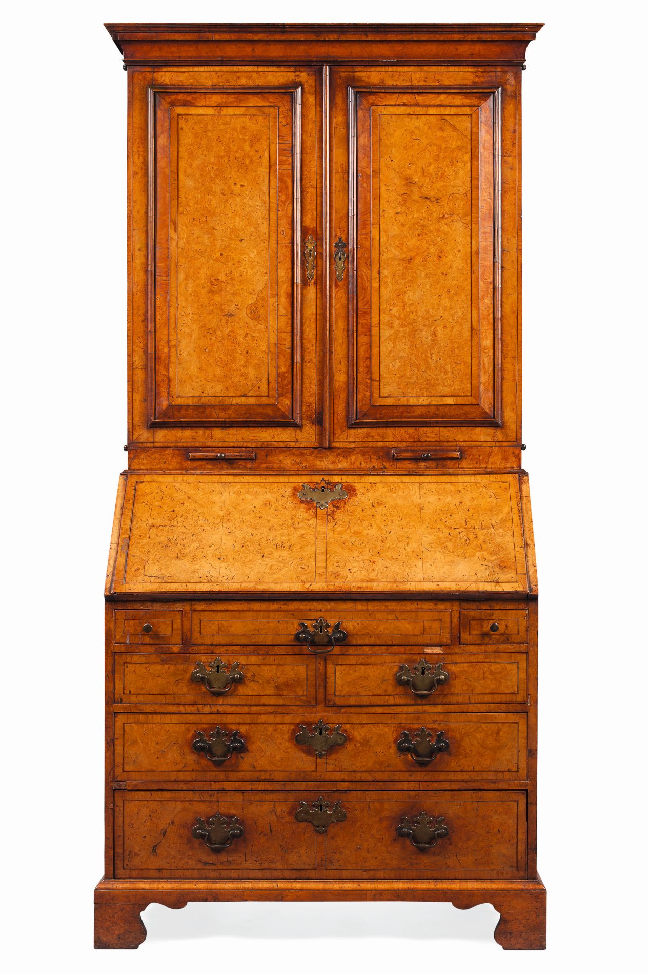 GEORGE I BURRWOOD AND CROSSBANDED BUREAU BOOKCASE