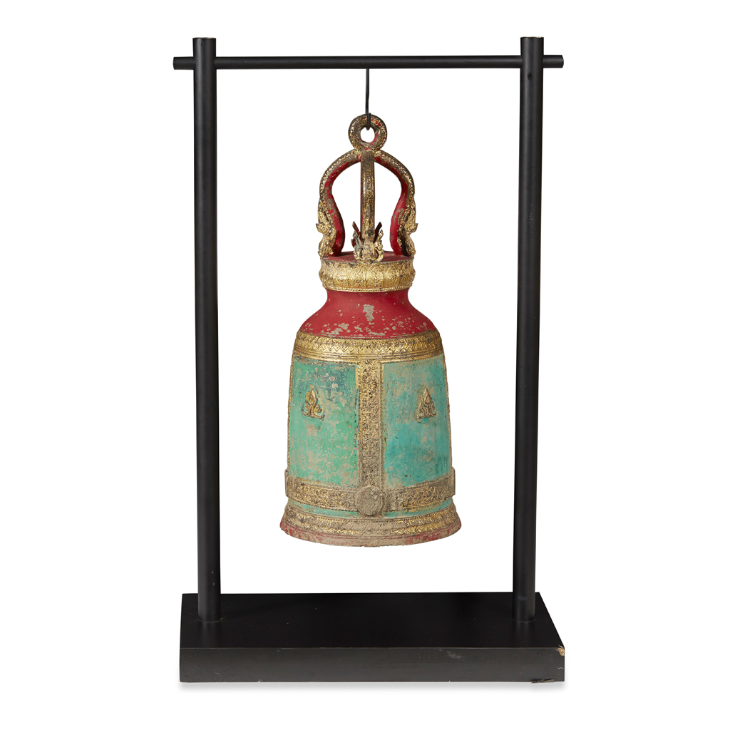 THAI BRONZE POLYCHROME AND PARCEL GILT TEMPLE BELL