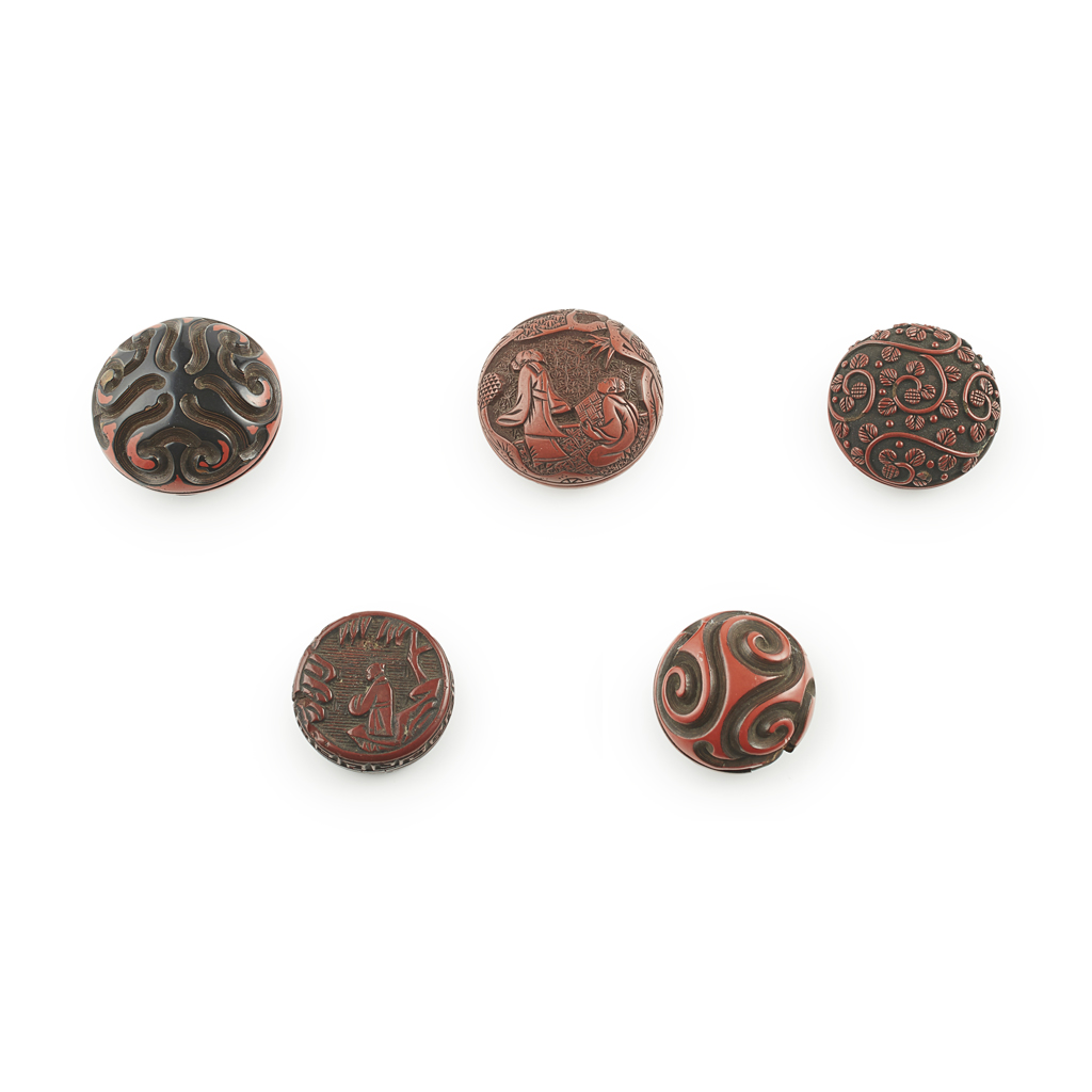 COLLECTION OF FIVE CINNABAR LACQUER MANJU NETSUKE