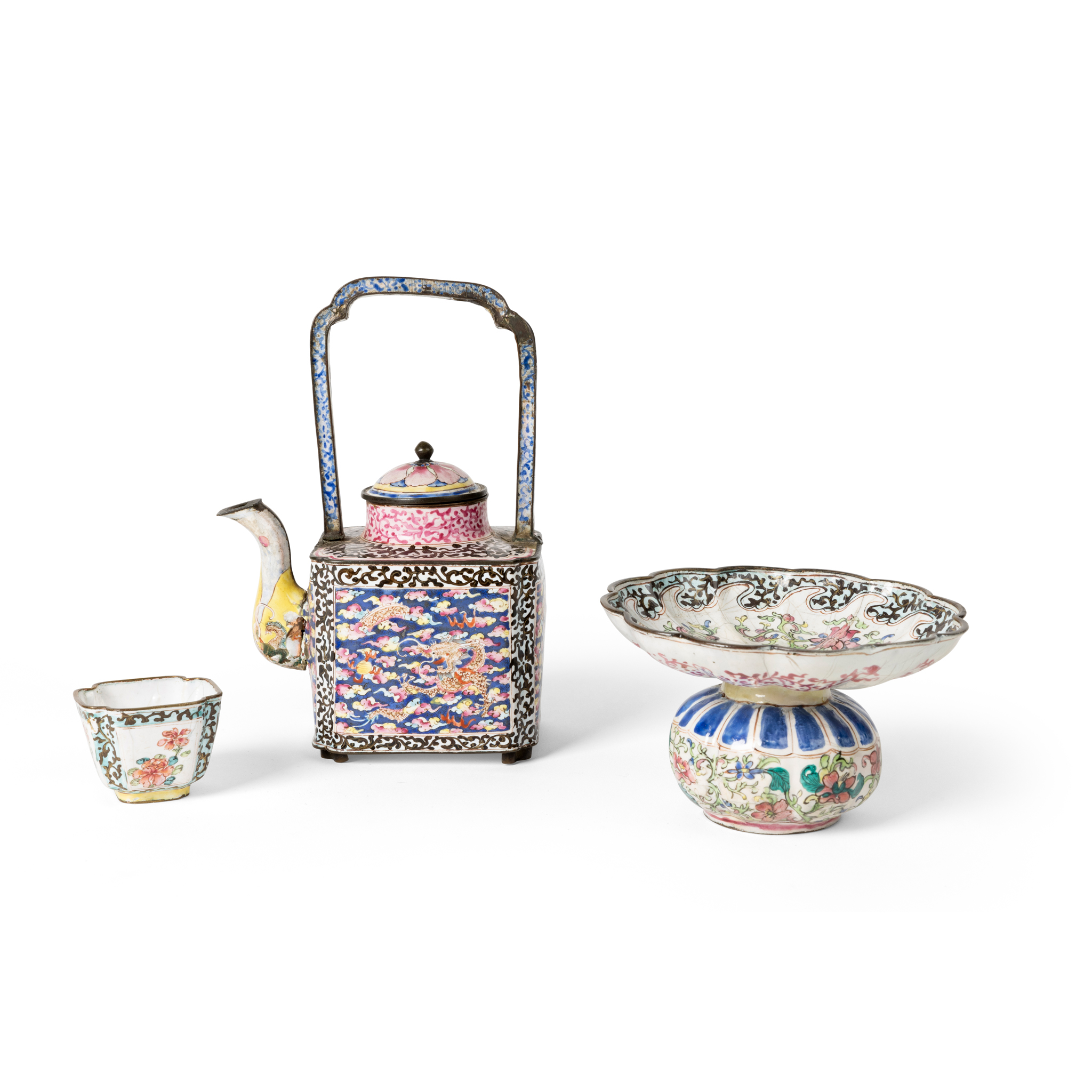 GROUP OF THREE CHINESE CANTON PAINTED ENAMEL WARES
