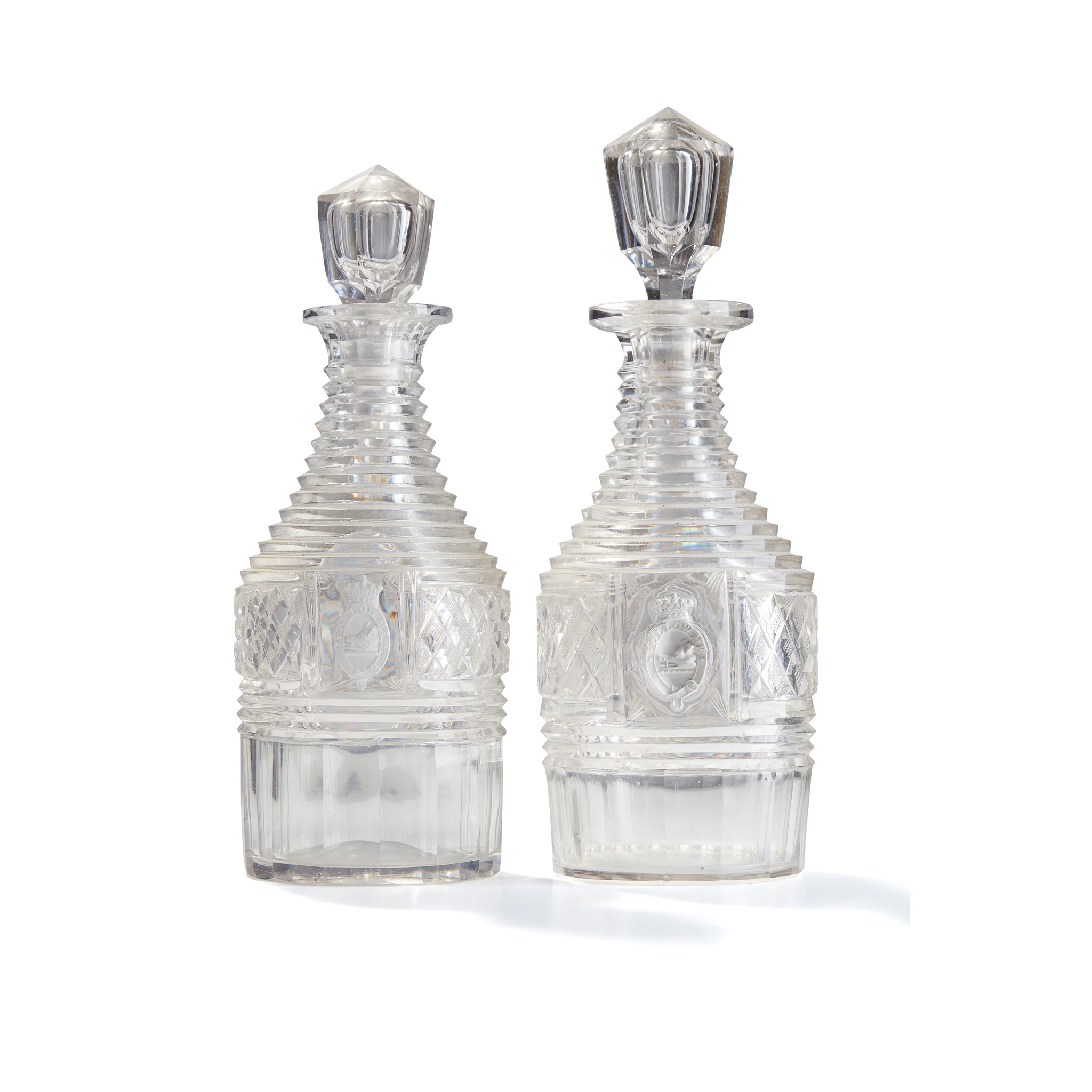 PAIR OF FULL BOTTLE DECANTERS BEARING THE BREADALBANE CREST AND MOTTO