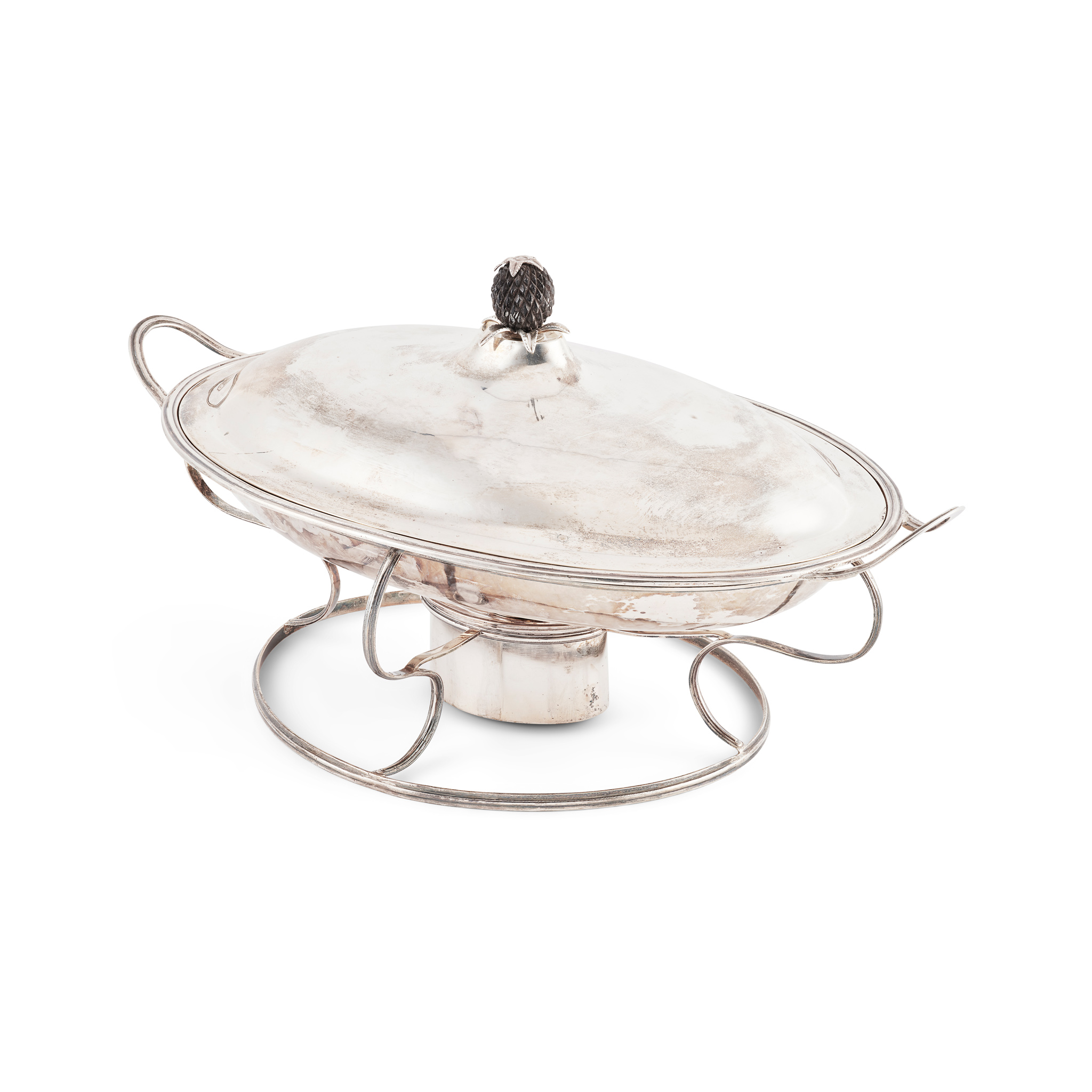 A GEORGE III TWIN-HANDLED CHAFFING DISH, STAND AND BURNER