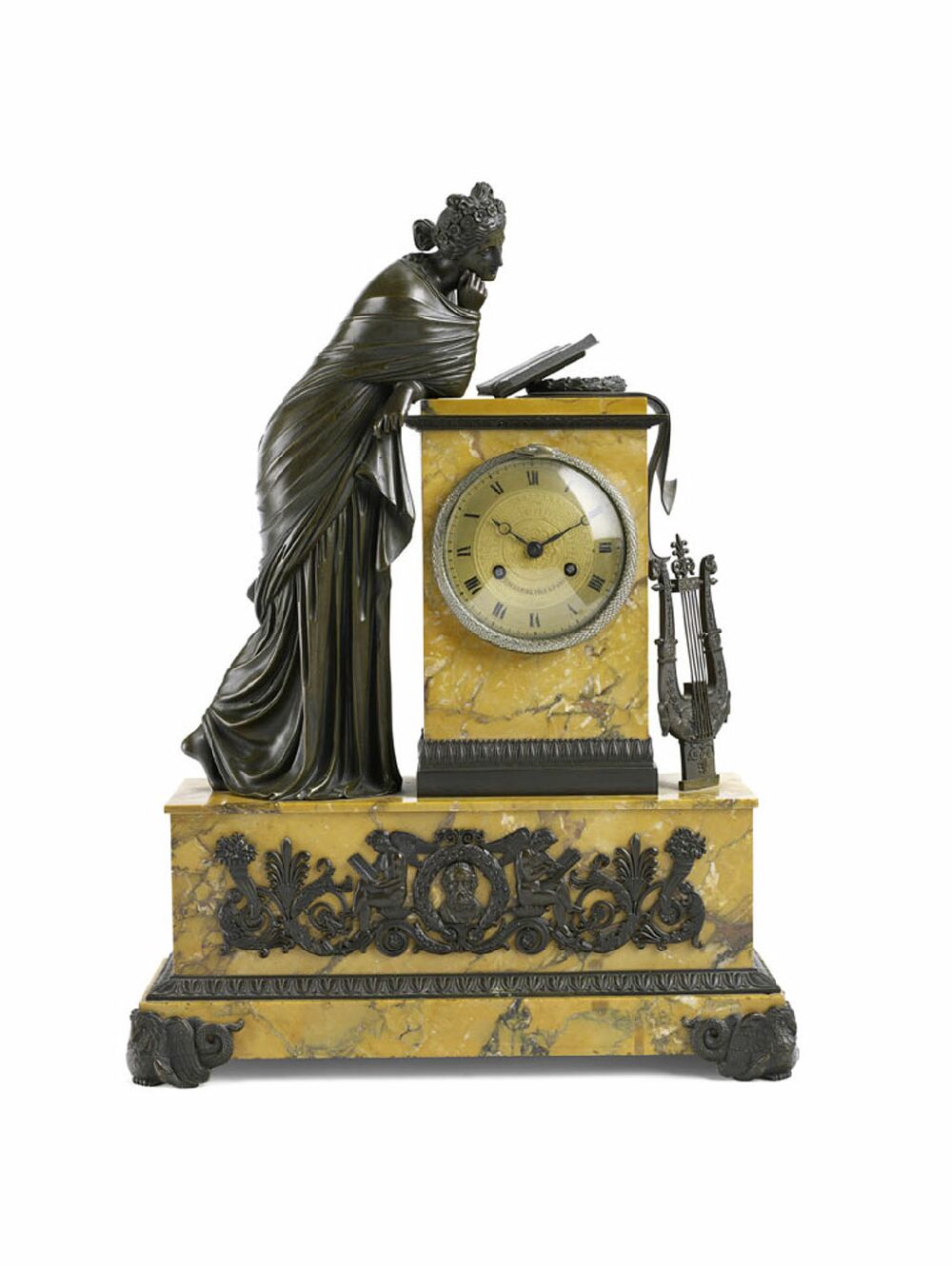 A late 19th century French sienna marble mantel clock By Baullier & Fils, Paris