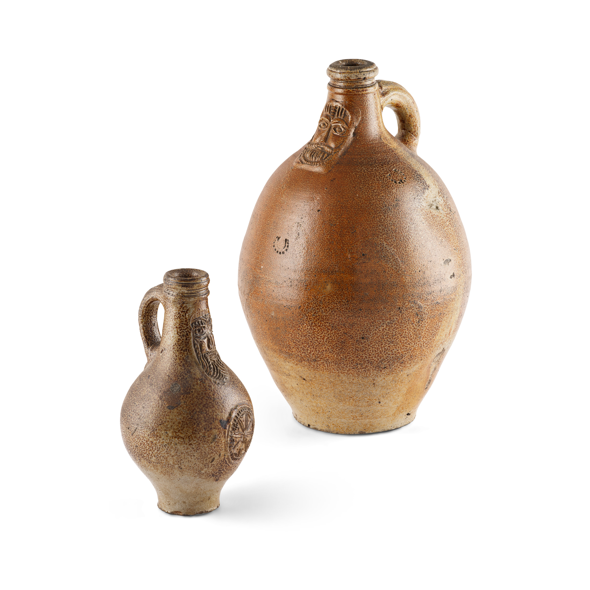 TWO GERMAN SALTGLAZED STONEWARE BELLARMINES