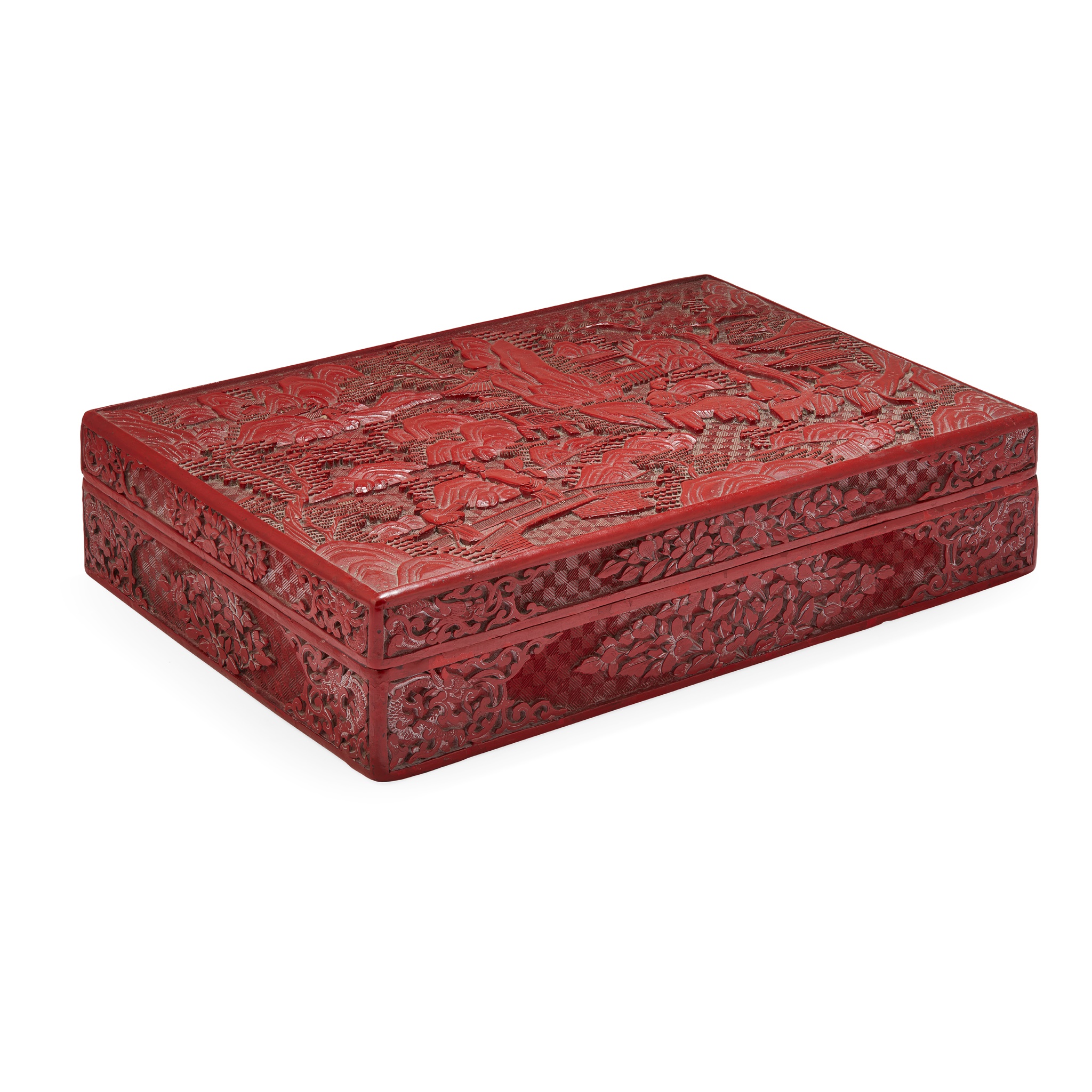CARVED CINNABAR LACQUER RECTANGULAR BOX AND COVER