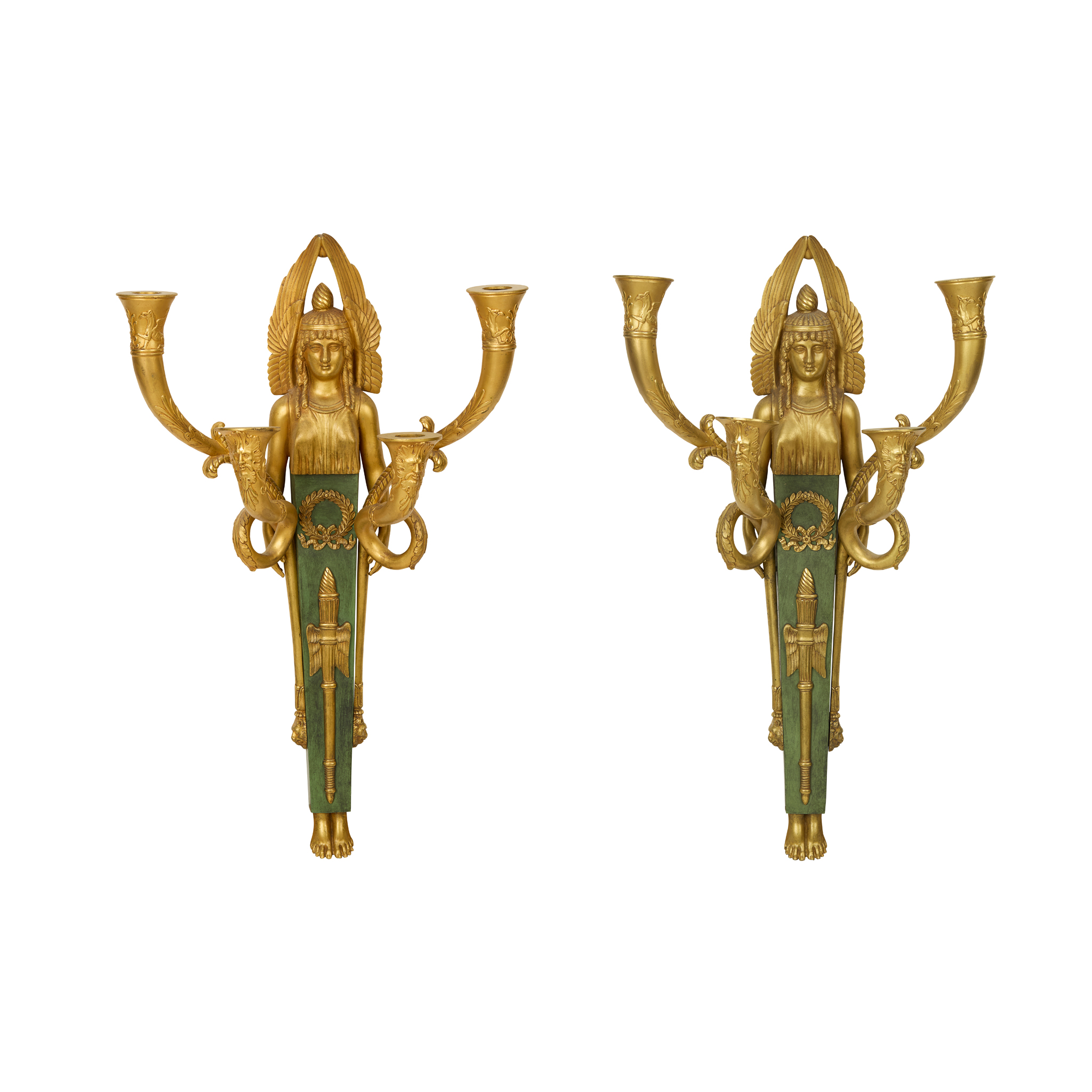 A PAIR OF FRENCH EMPIRE STYLE GILT AND PATINATED BRONZE FOUR LIGHT WALL SCONCES, AFTER CLAUDE GALLE