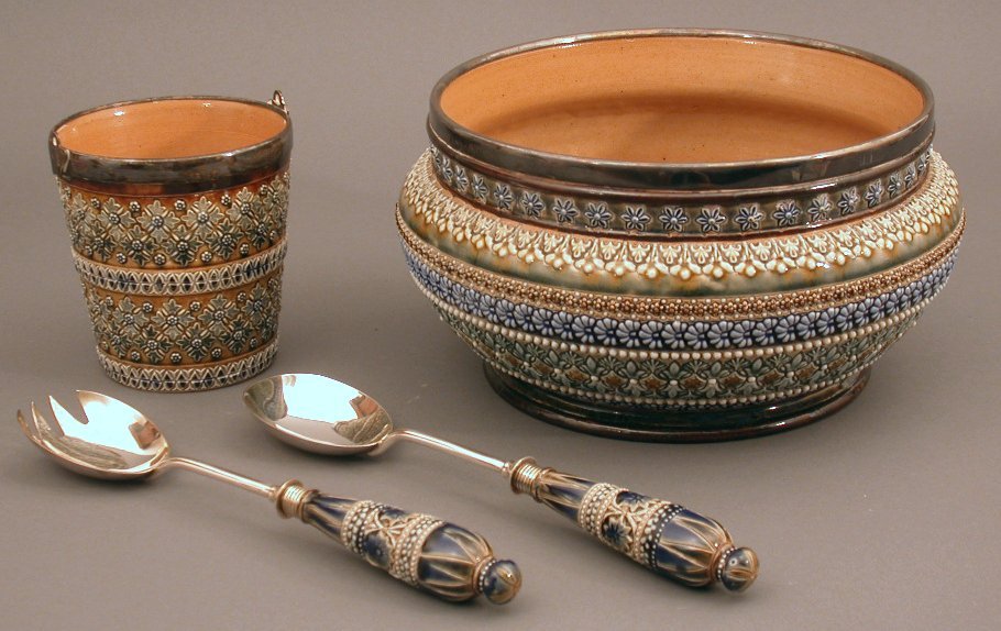 A Doulton Lambeth stoneware salad bowl and servers