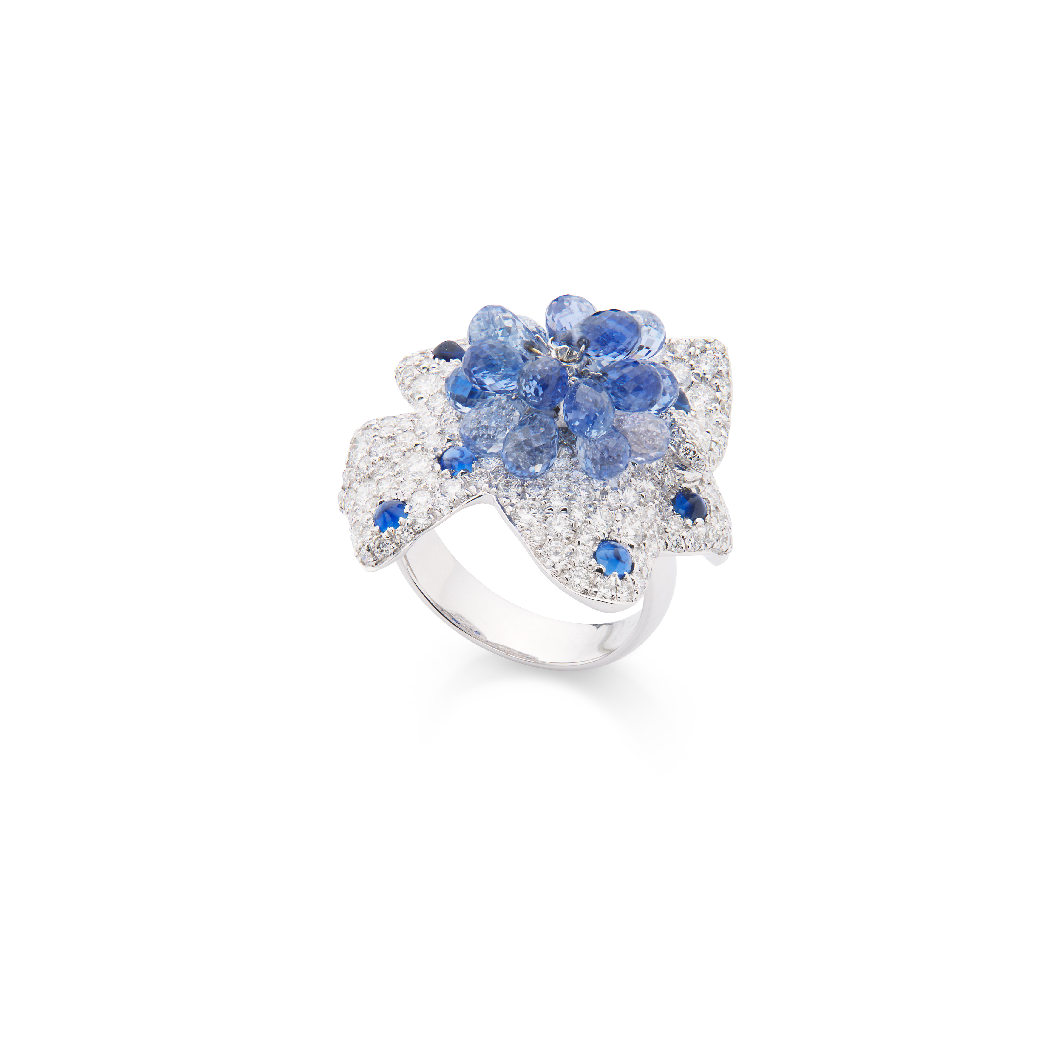 A briolette sapphire and diamond flower ring