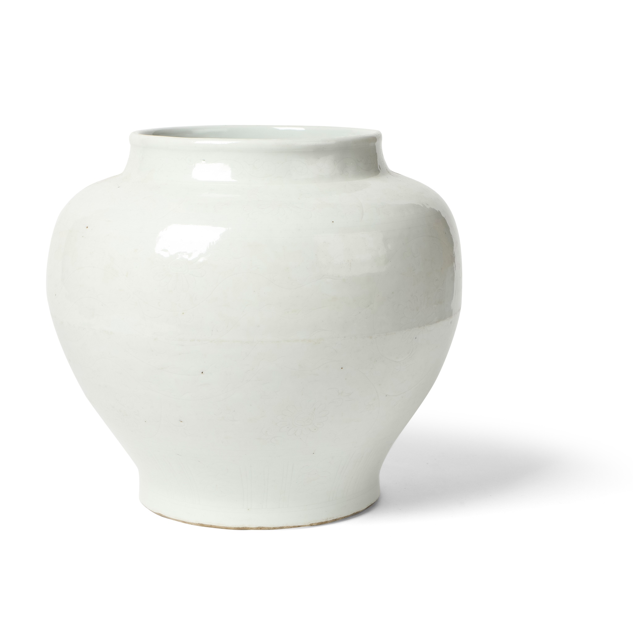 WHITE GLAZED JAR INCISED WITH FLOWERS