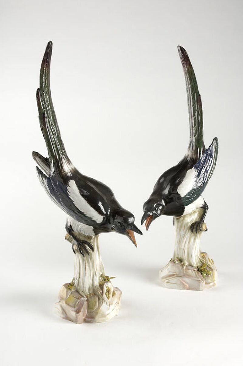 A pair of late 19th century Meissen magpies