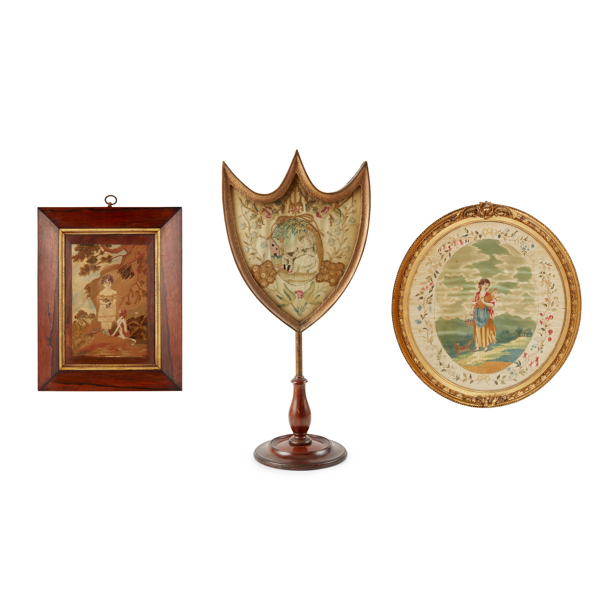 THREE GEORGIAN OR REGENCY NEEDLEWORK AND WATERCOLOUR PICTURES