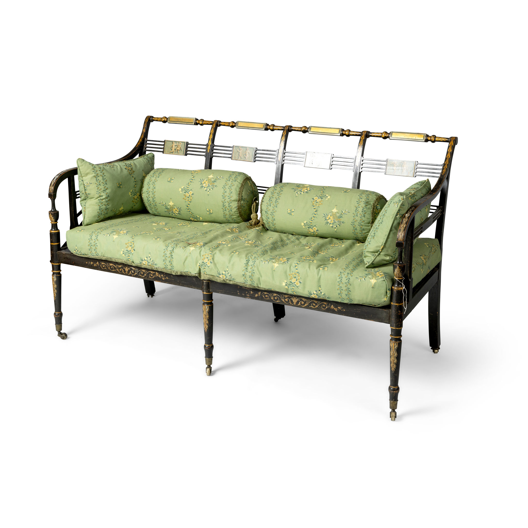 A REGENCY EBONISED AND GILT DECORATED SETTEE