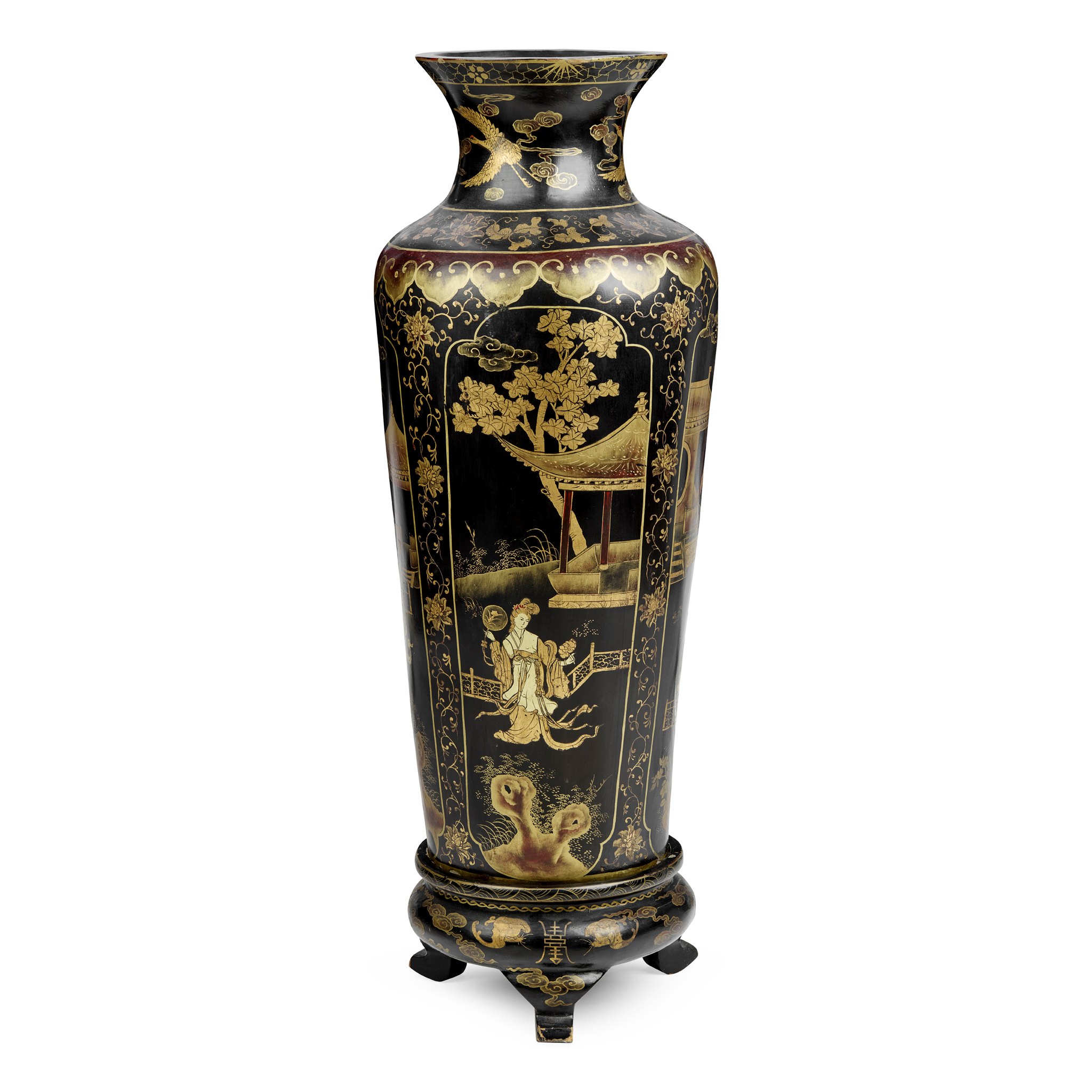 A JAPANESE BLACK LACQUER AND GILT FLOOR VASE AND STAND