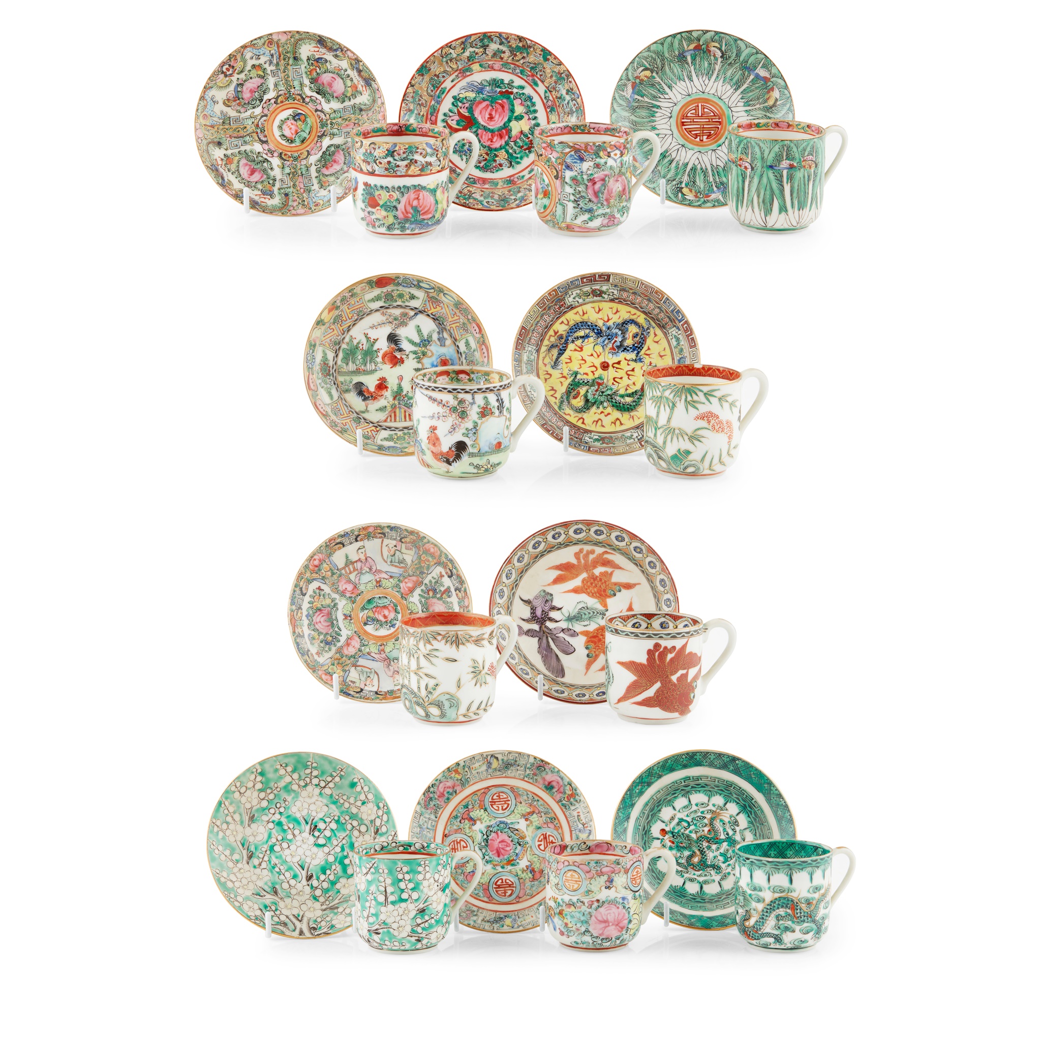 COLLECTION OF FAMILLE ROSE CUPS AND SAUCERS