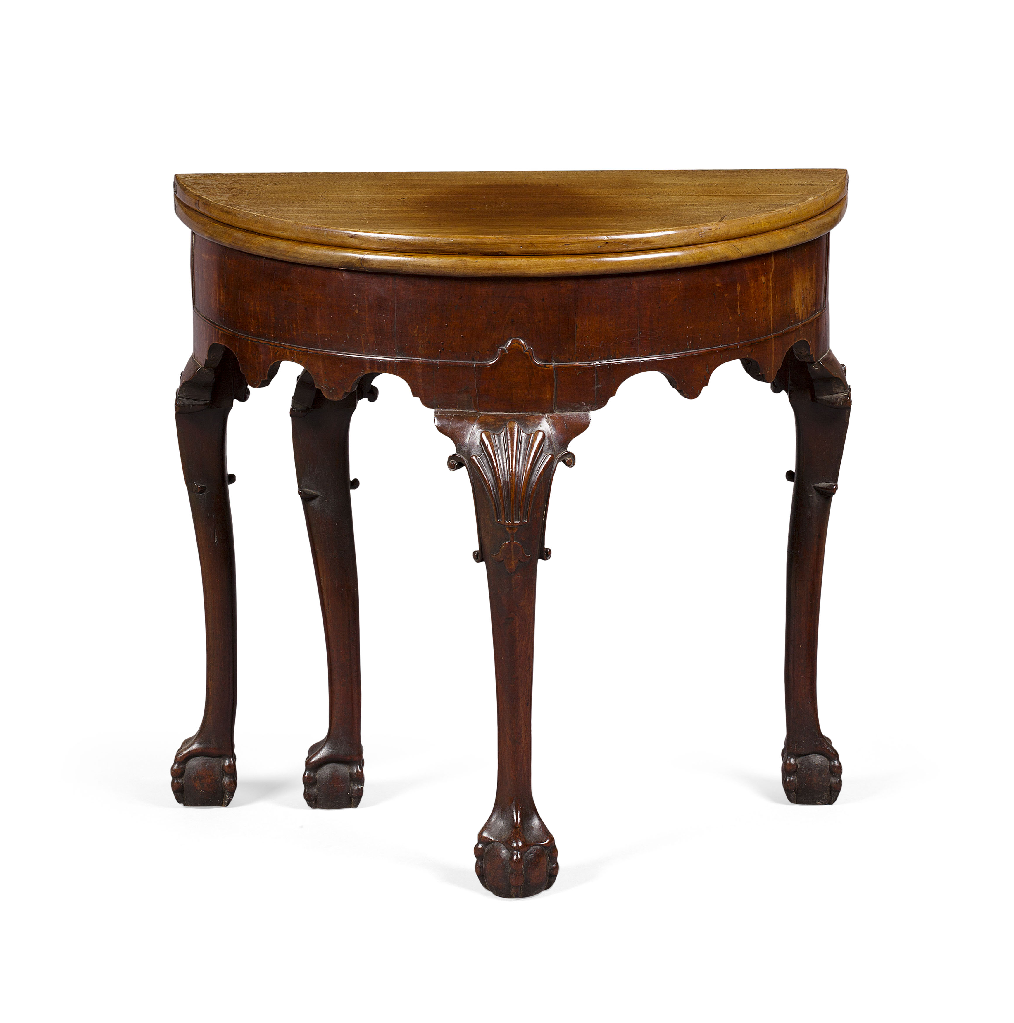 IRISH GEORGE II MAHOGANY SMALL DEMILUNE FOLDOVER TEA TABLE