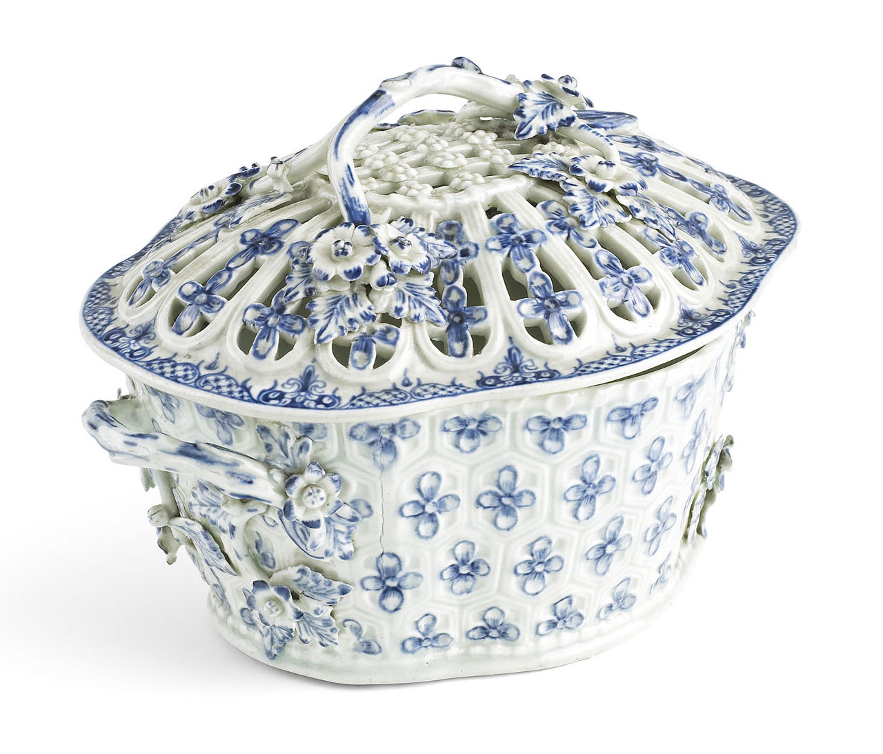 A first period Worcester shaped oval twin handled basket and cover