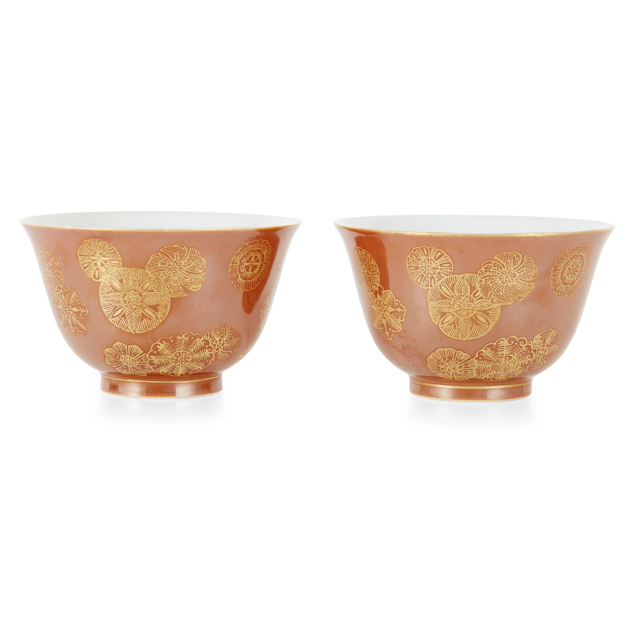 PAIR OF GILT-DECORATED CAFE-AU-LAIT GLAZED CUPS