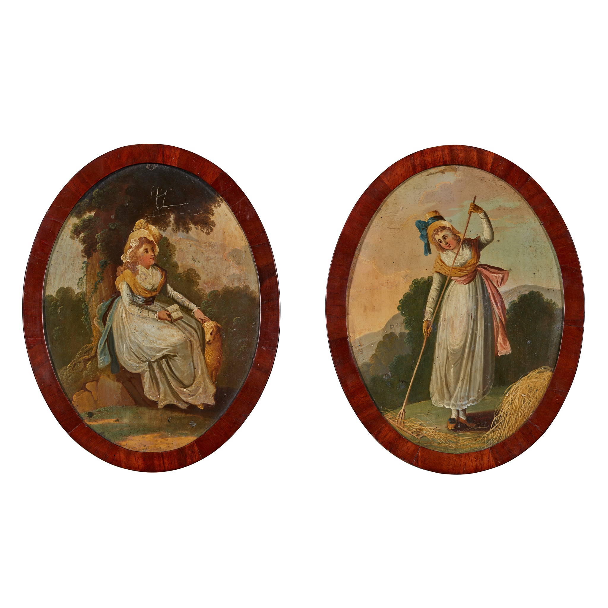 ENGLISH SCHOOL, PAIR OF PAINTED MAHOGANY OVAL PANELS