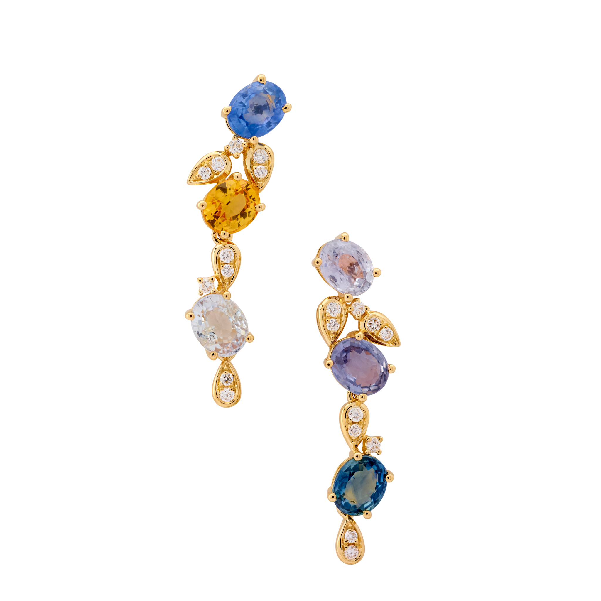 A pair of coloured sapphire and diamond pendent earrings