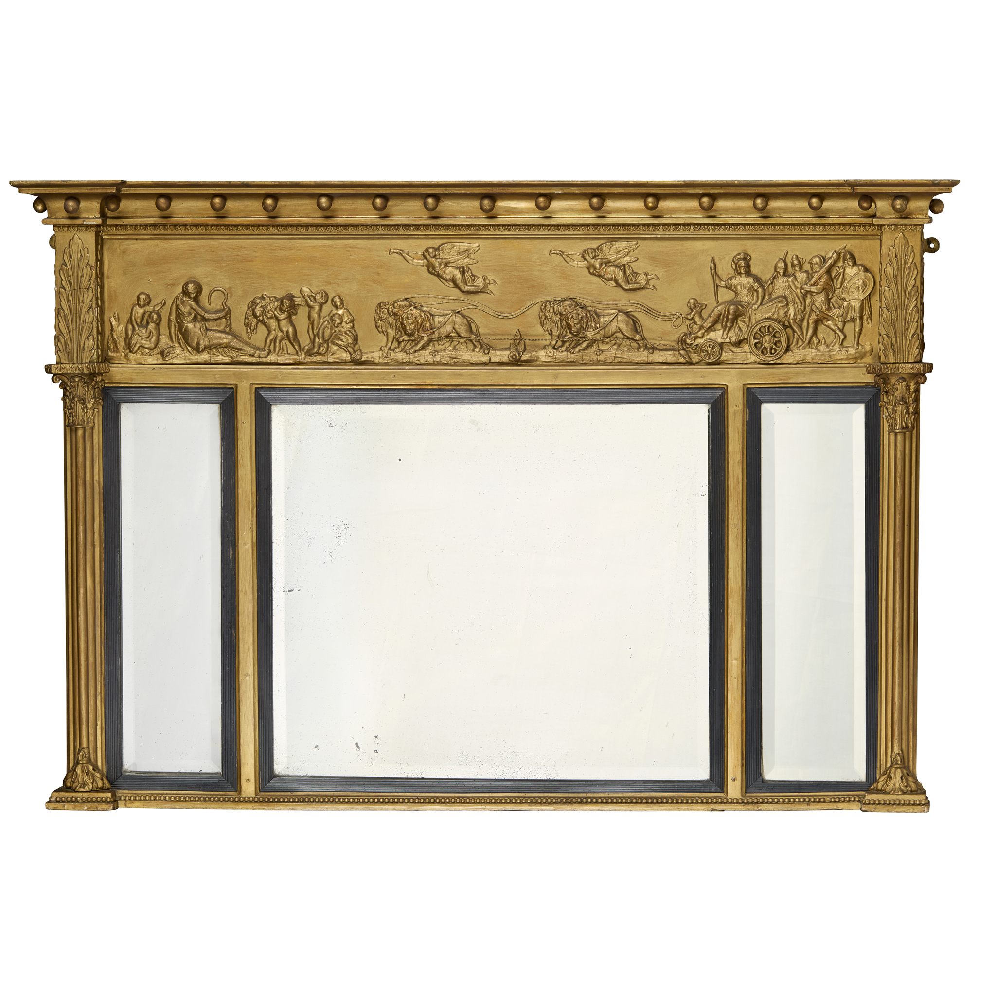 REGENCY GILTWOOD AND GESSO TRIPLE PLATE OVERMANTEL MIRROR