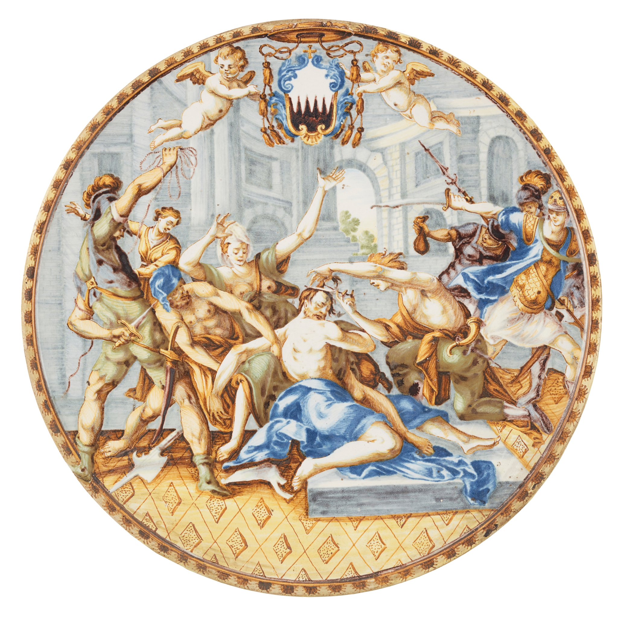 CASTELLI MAIOLICA ARMORIAL TAZZA TOP DEPICTING SAMSON AND DELILAH