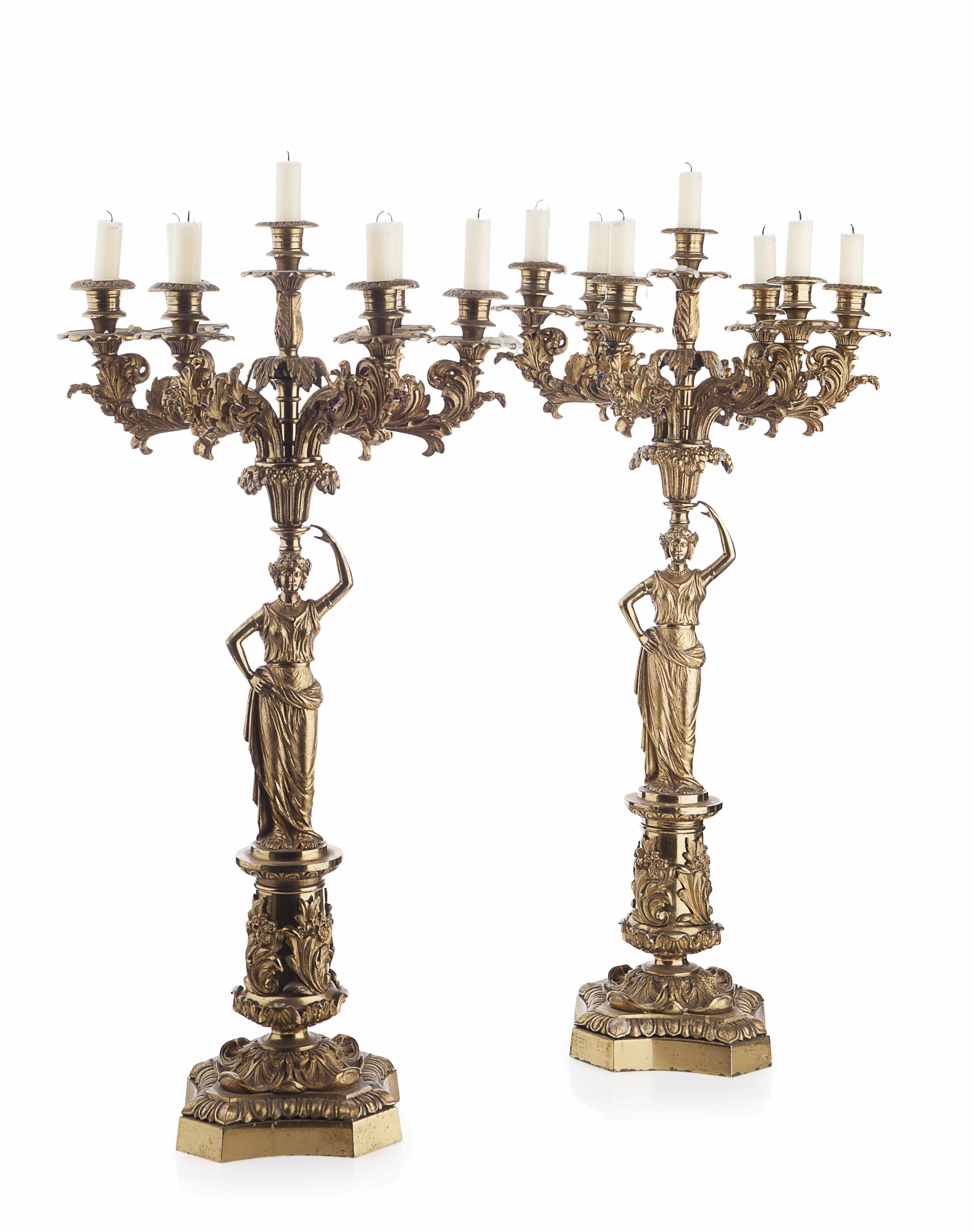 PAIR OF GILT BRONZE FIGURAL CANDELABRA BY CORNELIUS OF PHILADELPHIA