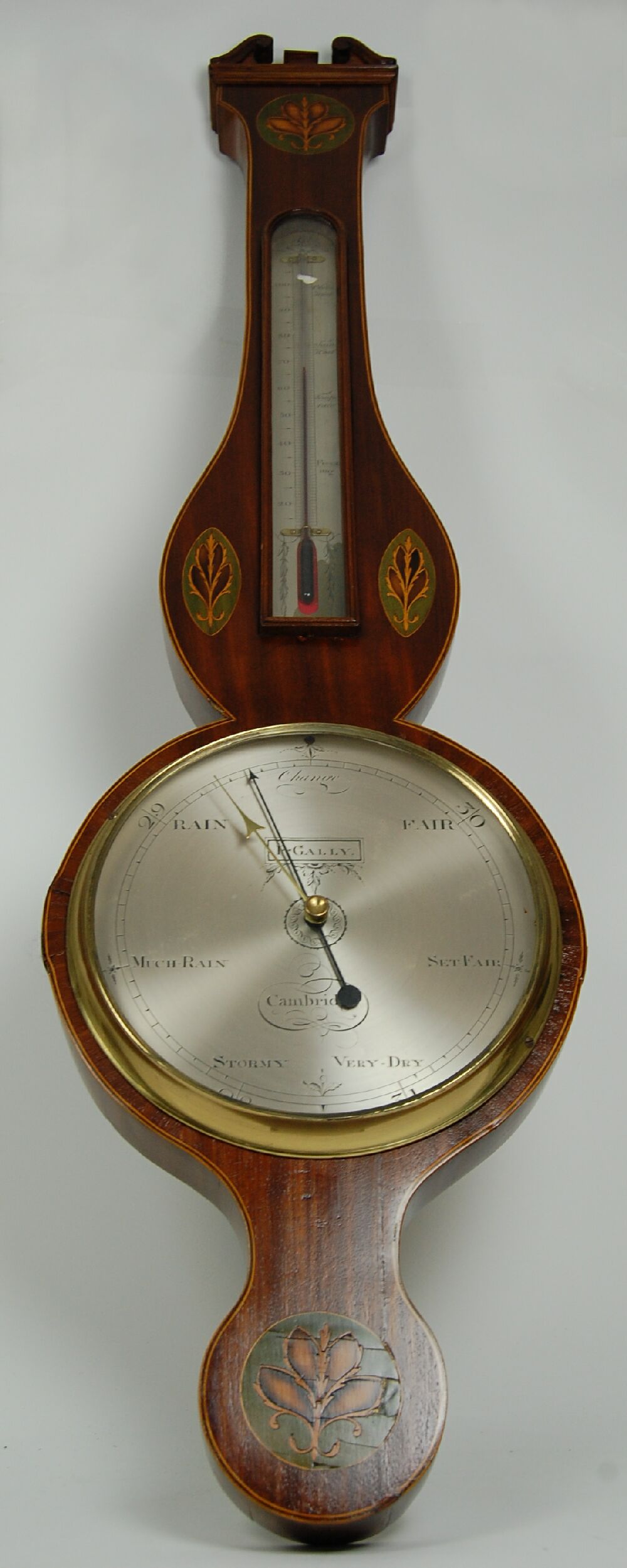 A George III mahogany and inlaid banjo barometer By P. Gally, Cambridge