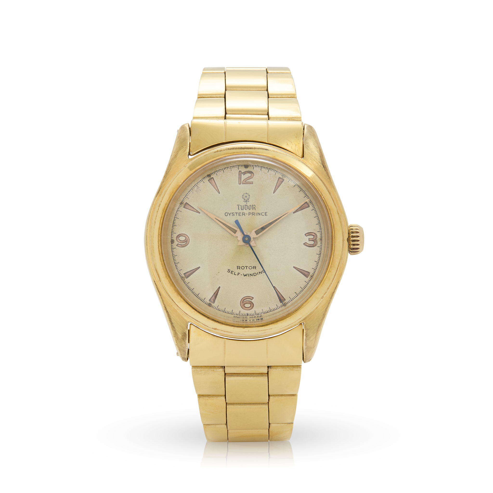 Tudor. A gold plated automatic wristwatch on a gold plated Rolex bracelet