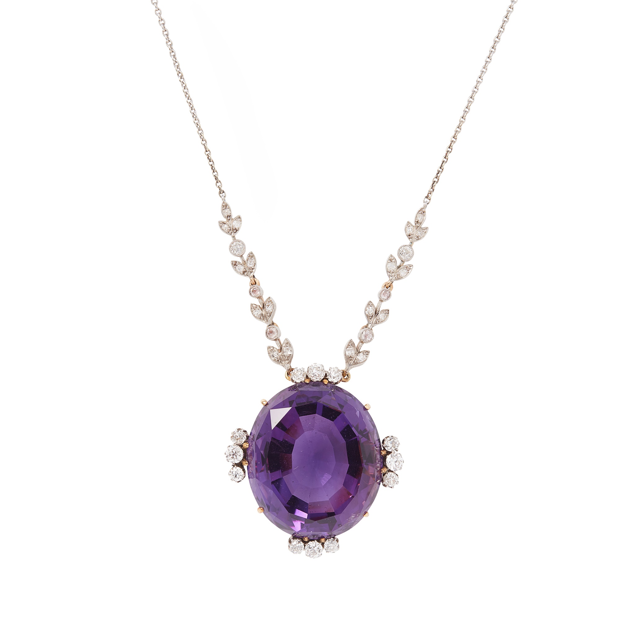 An early 20th Century amethyst and diamond set pendant necklace