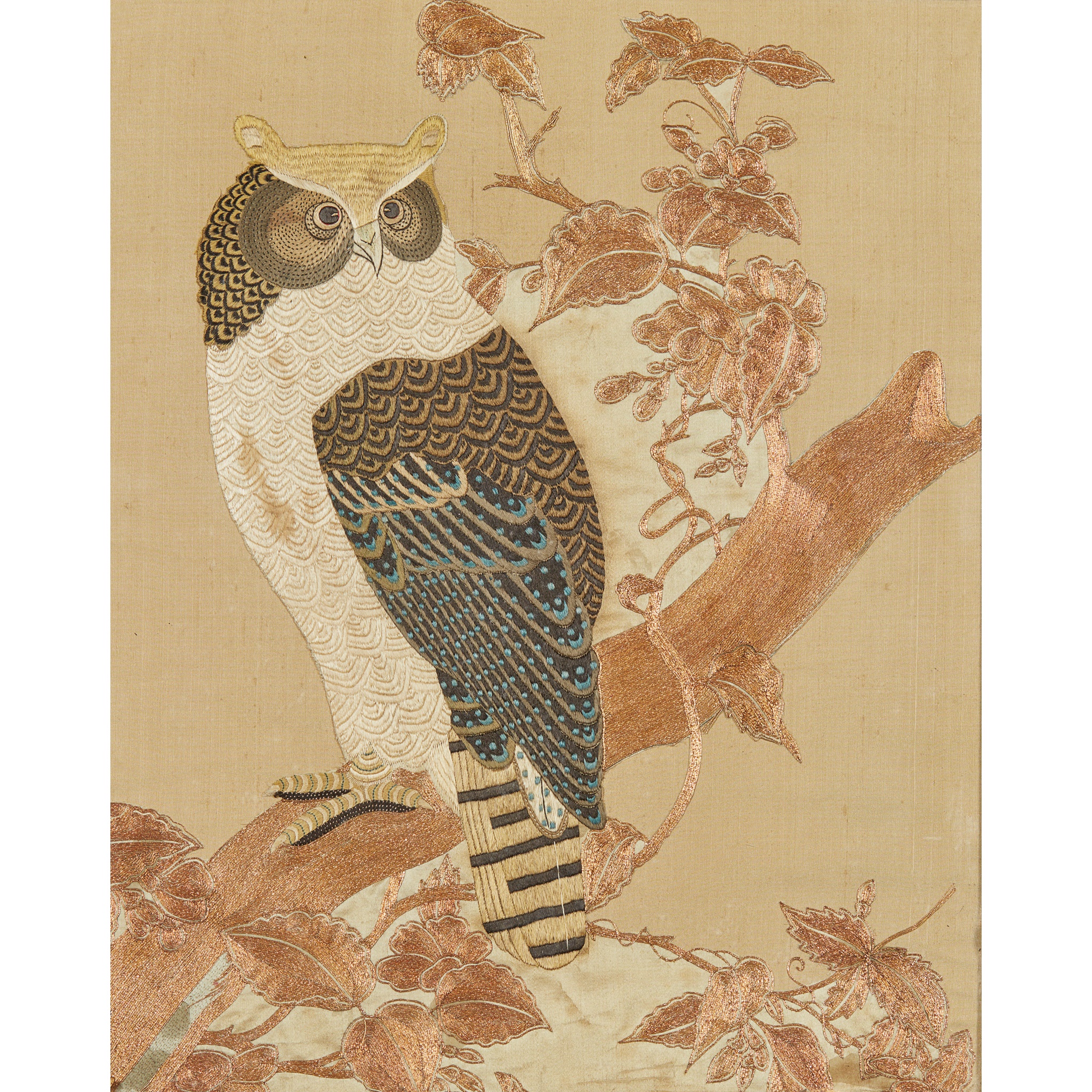 A JAPANESE EMBROIDERED PANEL OF AN OWL