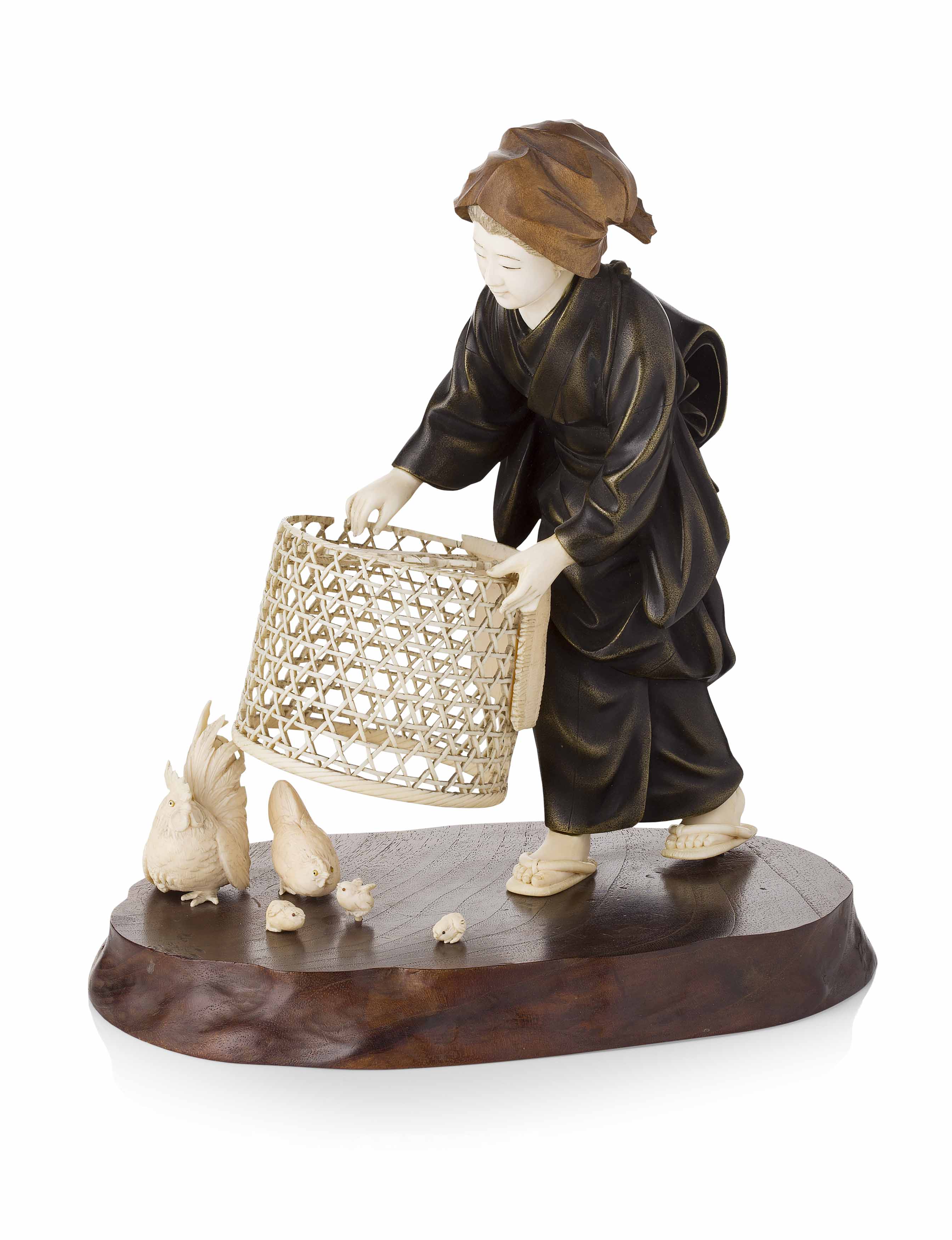 JAPANESE IVORY AND BRONZE OKIMONO OF A CHICKEN CATCHER