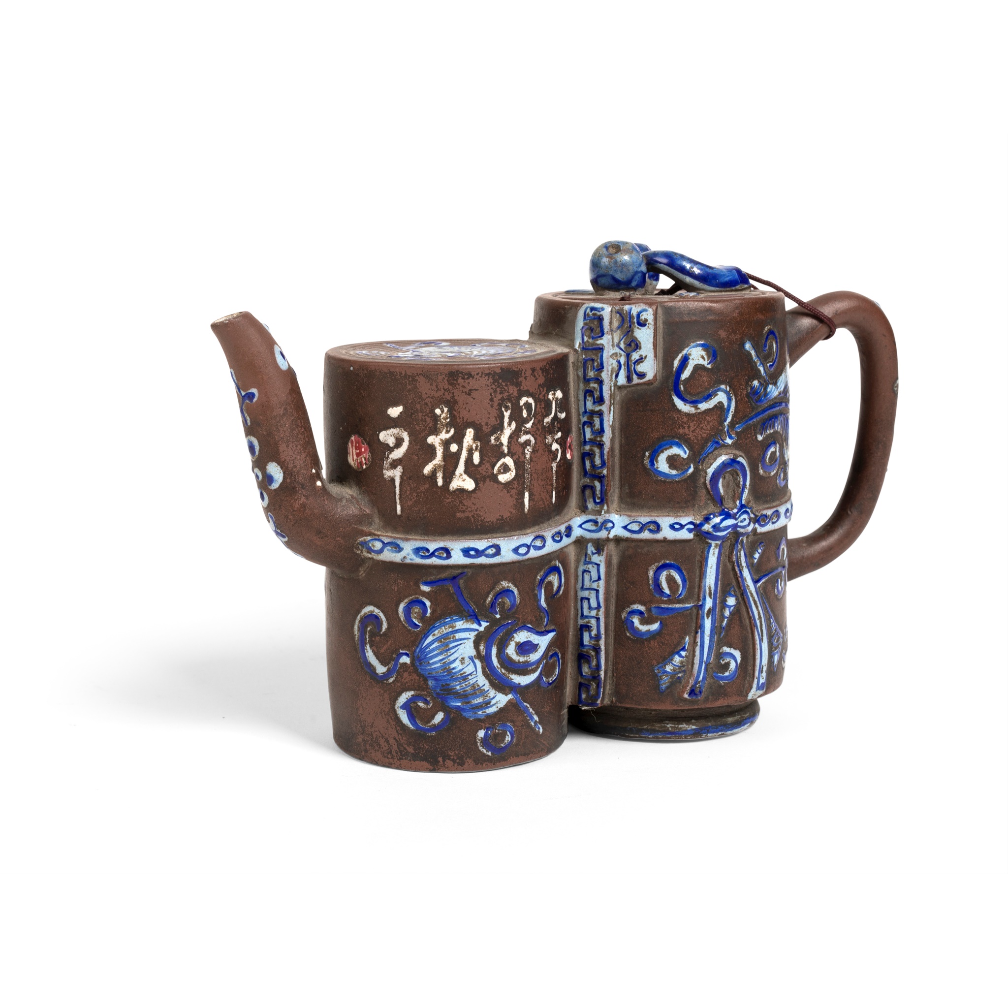 CONJOINED YIXING STONEWARE 'SCROLL' TEAPOT
