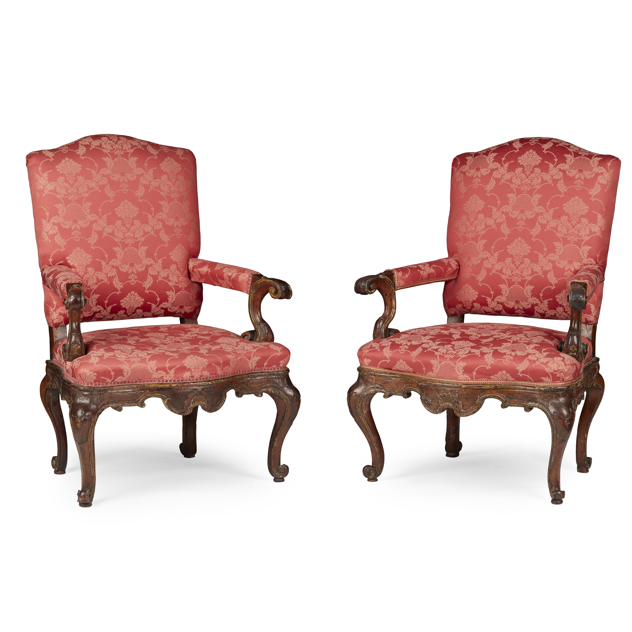 PAIR OF ITALIAN PARCEL-GILT WALNUT ARMCHAIRS