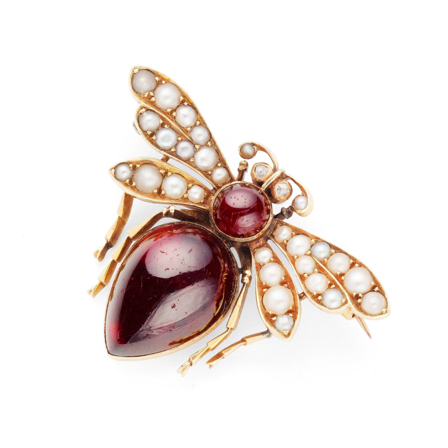 A garnet and half pearl set novelty brooch